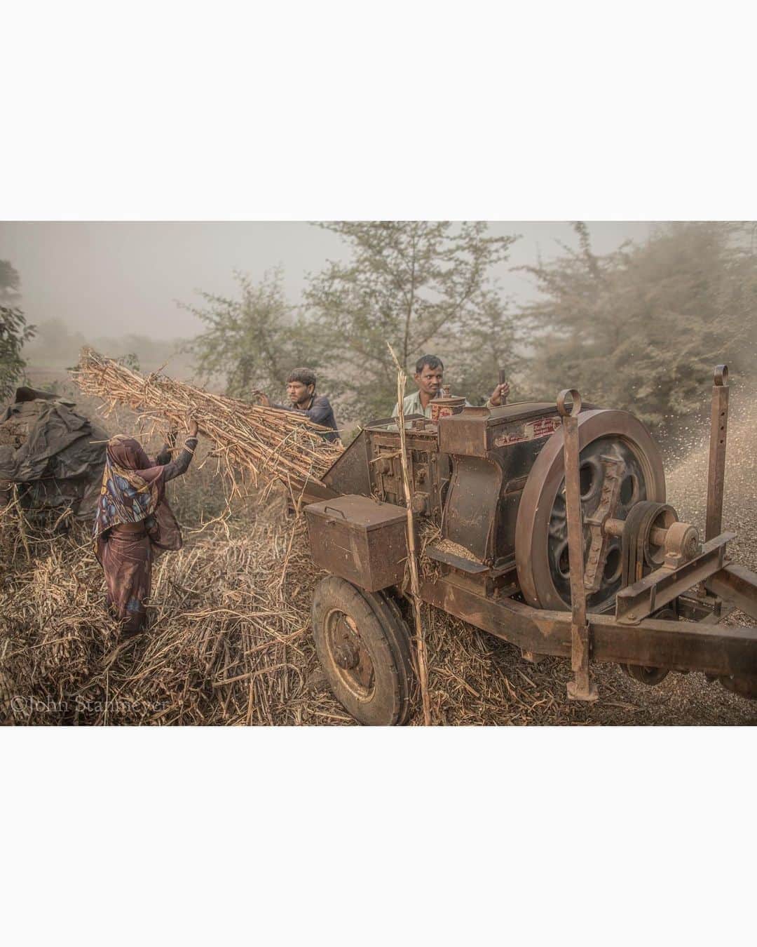 ジョン・スタンメイヤーさんのインスタグラム写真 - (ジョン・スタンメイヤーInstagram)「It was always the same, especially in the rural community, where nearly 70 percent of India’s population lives…women doing unpleasant labor. We had crossed the Chambal River, reaching the small town of Sabalgarh, when I met Rambula. She was twenty-two years old and appeared to be the primary heavy lifter of three, hoisting clusters of bakara sticks taller than Rambula, into a grinder to be turned into animal feed. The dust so thick, the veil she wore could hardly have done much good. The two men working the chewing machine did not cover their faces, every crevice of their bodies coated from the flying debris of an already hazy day. After she completed a seemingly endless supply of bakara, I spoke with Rambula. I saw how weathered her gentle hands were, the only part of her not covered in tiny bits of bakara, was her simple gold ring on her left pointing finger. Today while working around the home, I thought of Rambula. The uncountable women, and men, I have met all over the world…beautiful India does not have sole-ownership of the uncountable…who do work with no chance for change. Sharing in reminder this evening, this morning, the heaviness placed upon billions of us across our planet, especially women, boring the pointed brunt of unpleasant labor due to poverty, relentless lack of opportunity, or privilege. We could all be Rambula. ⠀⠀⠀⠀⠀⠀⠀⠀ India’s Daunting Challenge: There’s Water Everywhere, And Nowhere - Chapter 8 of the @outofedenwalk, my latest story in the August 2020 issue of @natgeo magazine. ⠀⠀⠀⠀⠀⠀⠀ @natgeo @outofedenwalk #walkingindia #edenwalk #india #sabalgarh #madhyapradesh⁩ #bakara #animalfeed #woman #womenlabor #hardlabor #portrait #ring」8月8日 11時44分 - johnstanmeyer