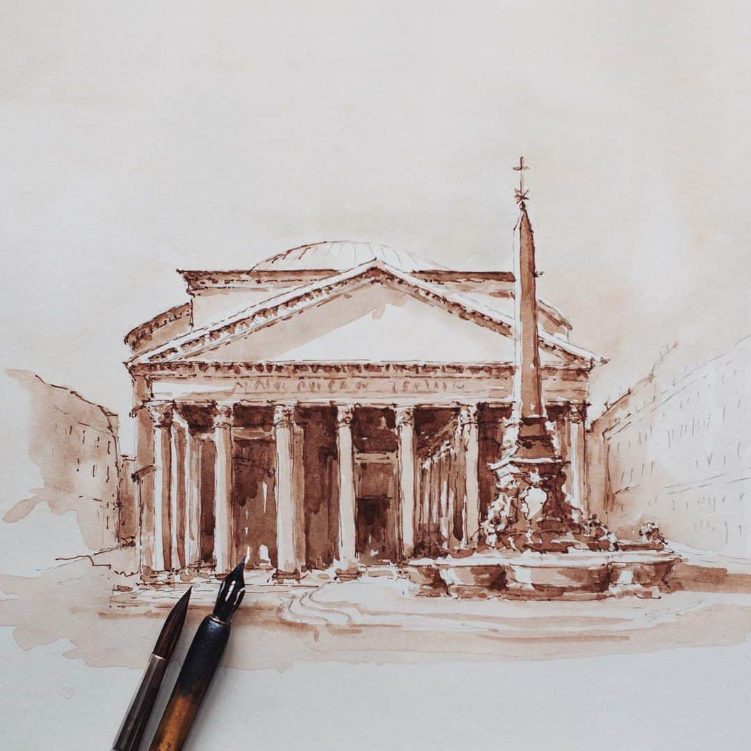 PSNYさんのインスタグラム写真 - (PSNYInstagram)「Ink sketch of Pantheon on toned  paper ⠀ 🔸 The Pantheon is the best-preserved building from ancient Rome and was completed in c. 125 CE in the reign of Hadrian. Its magnificent dome is a lasting testimony to the genius of Roman architects and as the building stands virtually intact it offers a unique opportunity for the modern visitor to step back 2,000 years and experience the glory that was Rome. ⠀ 🔸  Пантеон - это наиболее хорошо сохранившееся здание Древнего Рима, построенное в ок.  125 г. н.э., правление Адриана.  Его великолепный купол -  свидетельство гениальности римских архитекторов. И поскольку здание стоит практически нетронутым, оно создает уникальную возможность  окунуться в атмосферу Древнего Рима и ощутить его величие.」8月9日 3時55分 - oliasaunders