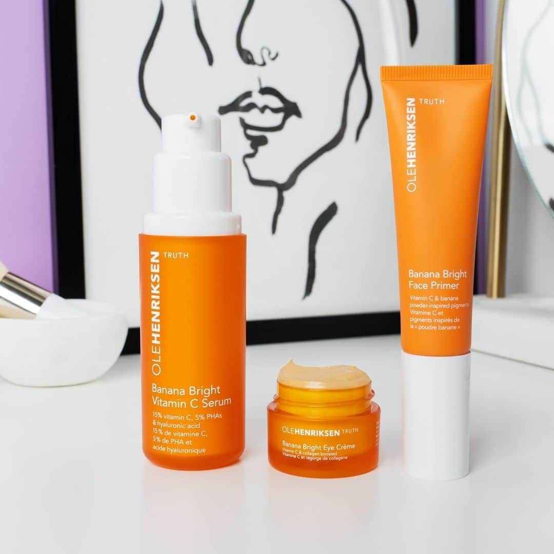 のインスタグラム：「When your skincare routine is a work of art 😍🎨 Why do we love these banana faves? These three Ole faves are made with vitamin C and banana powder-inspired pigments to instantly brighten and color correct. Have you tried these three together yet? - The deal is bananas 🍌🍌🍌 Get a full-size Banana Bright Face Primer for $5 when you spend $75+ on OLEHENRIKSEN.com. Use code: PRIMER. Must add product to cart to apply promotion. Ends 8/11/20.」
