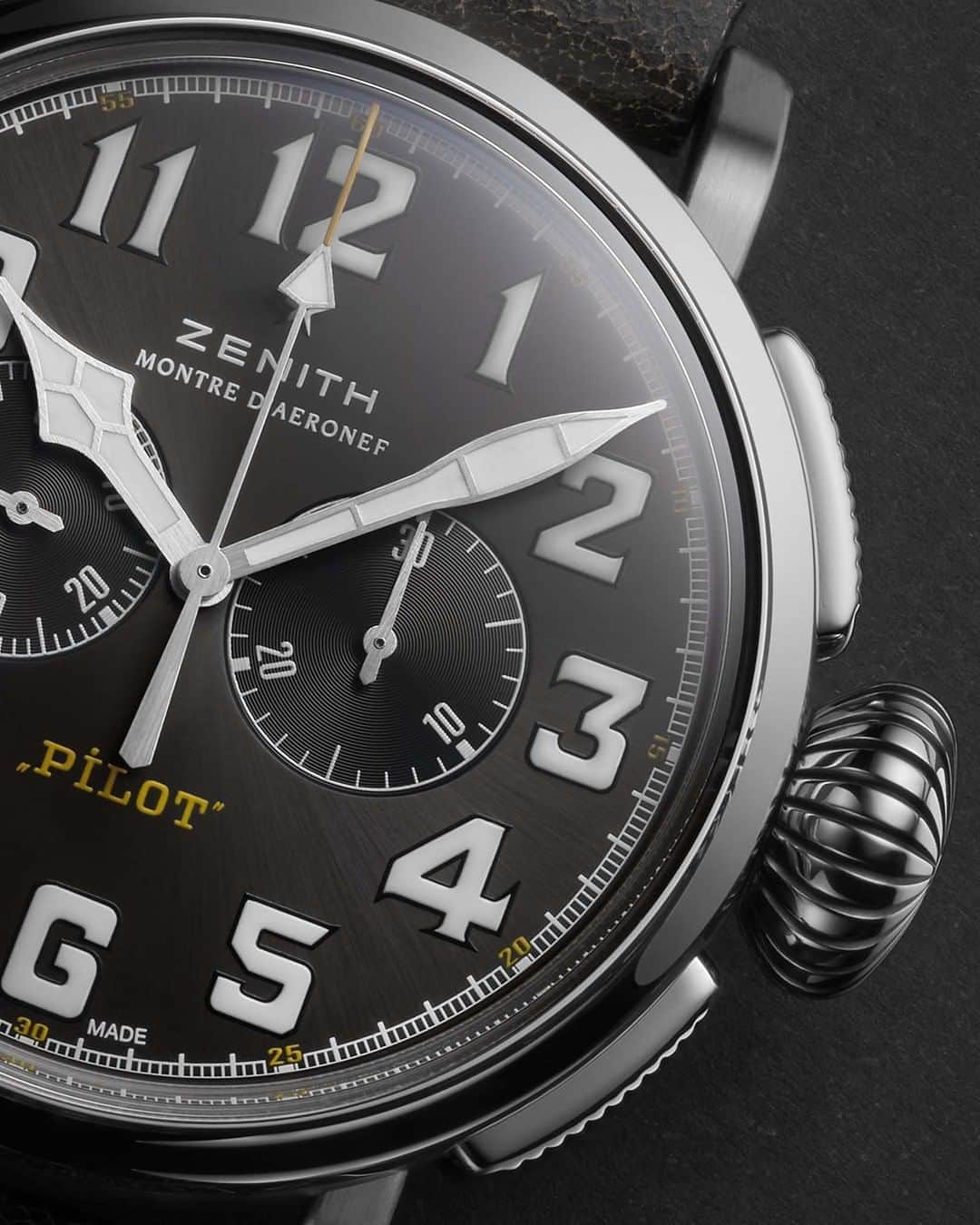ゼニスのインスタグラム：「#Type20: For the "Rescue" versions of the Type 20 Pilot watches, we sought to add contemporary touches like the fully polished steel case and sunray-patterned dial for a timelessly adventurous look and feel.  #Zenith #ZenithWatches #Watches #Watch #Watchesofinstagram #Watchfam #WatchoftheDay #Luxury #WatchAddict #Watchcollector #Horology #DailyWatch #ElPrimero #Chronograph #VintageWatches #Pilot #PilotType20」