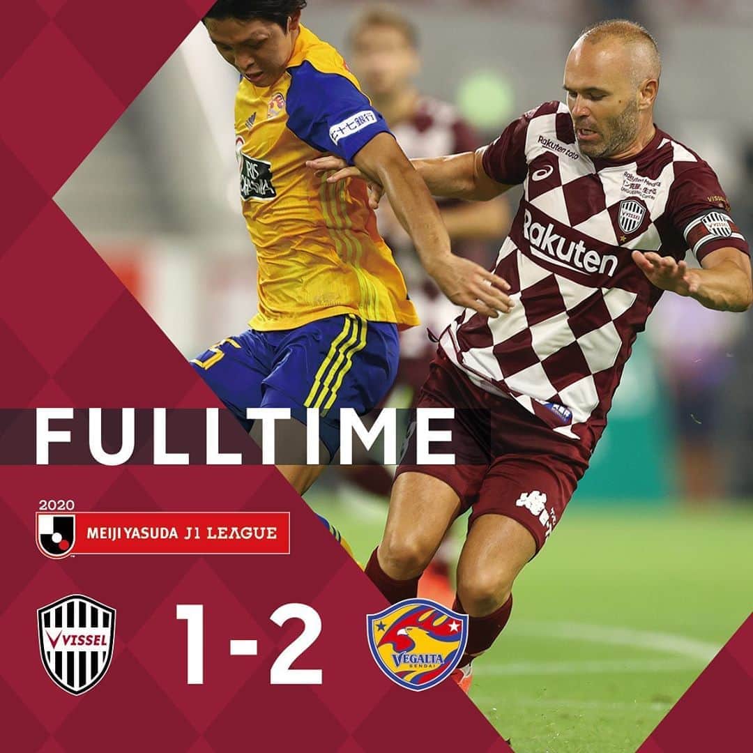 のインスタグラム：「[FULLTIME]  . VISSEL KOBE　1‐2　VEGALTA SENDAI . 0-1 OWN GOAL(22') 0-2 SHUHEI AKASAKI(72') 1-2 NORIAKI FUJIMOTO(86') . #vissel #visselkobe #ヴィッセル神戸 #WeAreKobe #神戸 #kobe #一致団結 #JLeague #jリーグ #KobeForeverForward #DAZN」