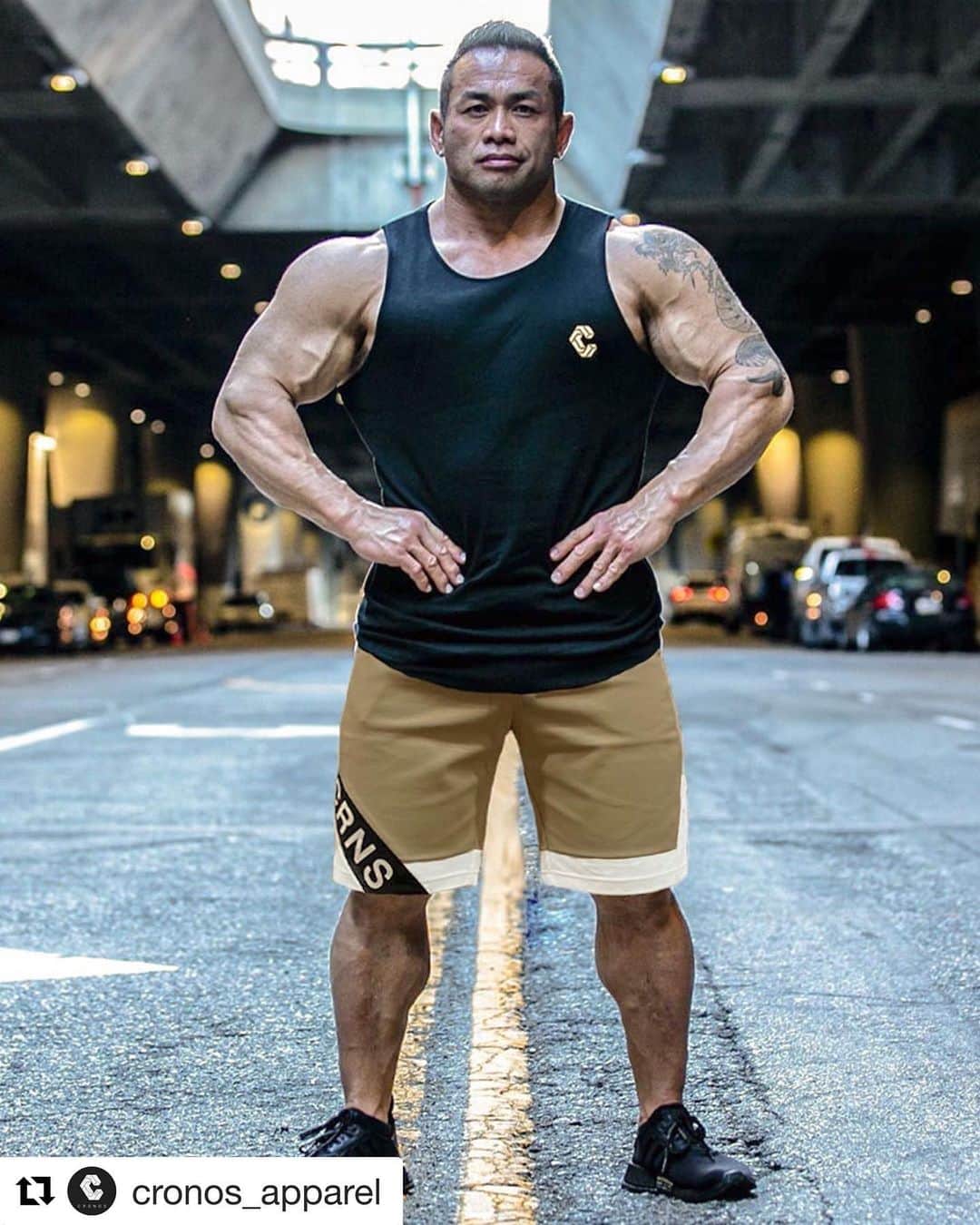 Hidetada Yamagishiさんのインスタグラム写真 Hidetada Yamagishiinstagram Cronos Tape Logo Tank Top Black Cronos New Side Line Shorts Beige Model Hideyamagishi Photograthy Asiagrapher Mkay Cronos Madeinjapan Cronos Apparel