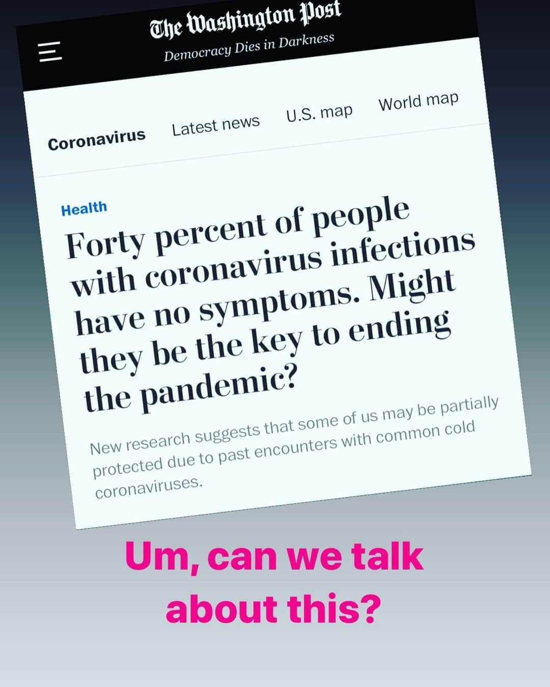 デイヴ・アスプリーさんのインスタグラム写真 - (デイヴ・アスプリーInstagram)「Scary new data from prisons, homeless shelters, and meat packing plants, where between 88% and 96% of people with the virus had no symptoms shows that the rest of us may be basically screwed.  Why are they so much stronger than average? In the US, only 40% of average people have no symptoms.  The reason is adaptive immunity. When your body is constantly exposed to bacteria, viruses, and other microbes, your immune system gets stronger.  It’s why experienced ER docs don’t get sick as often as new docs, and why frequent flyers don’t get sick when they fly compared to occasional flyers.  The people in these data sets get lots of germs so their immune systems already know how to handle similar coronaviruses.  The reason this matters to you is that all this social distancing and hand sanitizer is depriving your immune system of almost all the environmental microbes that are required to keep you strong.  Regularly exposing yourself to low doses of other people’s bacteria is the immune system equivalent of mild exercise every day for your cardiovascular system.  When things finally “open up” and we stop submerging ourselves in vats if toxic hand sanitizer, your immune system is going to be *way* out of shape. And you’re going to pick up every cold and flu for a while until you get strong again, with far worse environmental allergies.  The longer we wait, the weaker your immune system gets.  What can you do? -Get outside where there is soil with microbes in it.  -Lose that 20 pounds. -Ditch the inflammatory seed oils, especially corn, canola, and soy. -Sleep like a pro -Dramatically cut sugar -Exercise but don’t go hard every day so you can recover -Go grass-fed, or even the Bulletproof Diet which is designed to reduce inflammation  Speaking of sleep, I’m teaching everything I know about it in my new #sleepchallenge - go to daveasprey.com/sleep-challenge to sign up!  Image and original article: @washingtonpost  #covid #coronavirus #immunity #sleep #exercise #diet #sanitizer #handsanitizer #bulletproofdiet #inflammation #socialdistancing #allergies」8月9日 13時08分 - dave.asprey