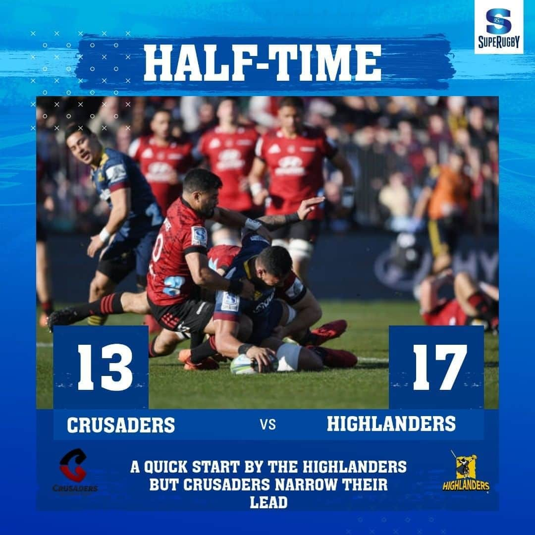 Super Rugbyさんのインスタグラム写真 - (Super RugbyInstagram)「HALF-TIME  Highlanders get off to a flyer, but Crusaders pull them back. Click here: https://bit.ly/2PBp1BV #CRUvHIG  #SuperRugby25years #SuperRugbyAotearoa」8月9日 13時23分 - superrugby