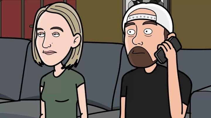 ケヴィン・スミスのインスタグラム：「I look forward to recording a new @veganabattoir every week because a) I enjoy talking to @harleyquinnsmith and b) because I love the @cartunaradio animation the @cartuna folks make for the show each week. In this week’s ep (at the link in my bio), we chatted a bit about how Harley has taken over editing the podcast. And so the #cartuna geniuses turned the kid into a masked vigilante called The Editor who runs around editing what I’m saying (essentially my nightmare). Best review I heard came from @jenschwalbach: “If *only* there was a button that would shut you up. Other than your dick.” Best review of the *cartoon*, that is - not the best review of my dick. If it was a review of my dick, it would’ve been a little limp. (I’ll show myself the door now.) #KevinSmith #veganabattoir #podcast #cartoon #editing #harleyquinnsmith #harley #fathersanddaughters」