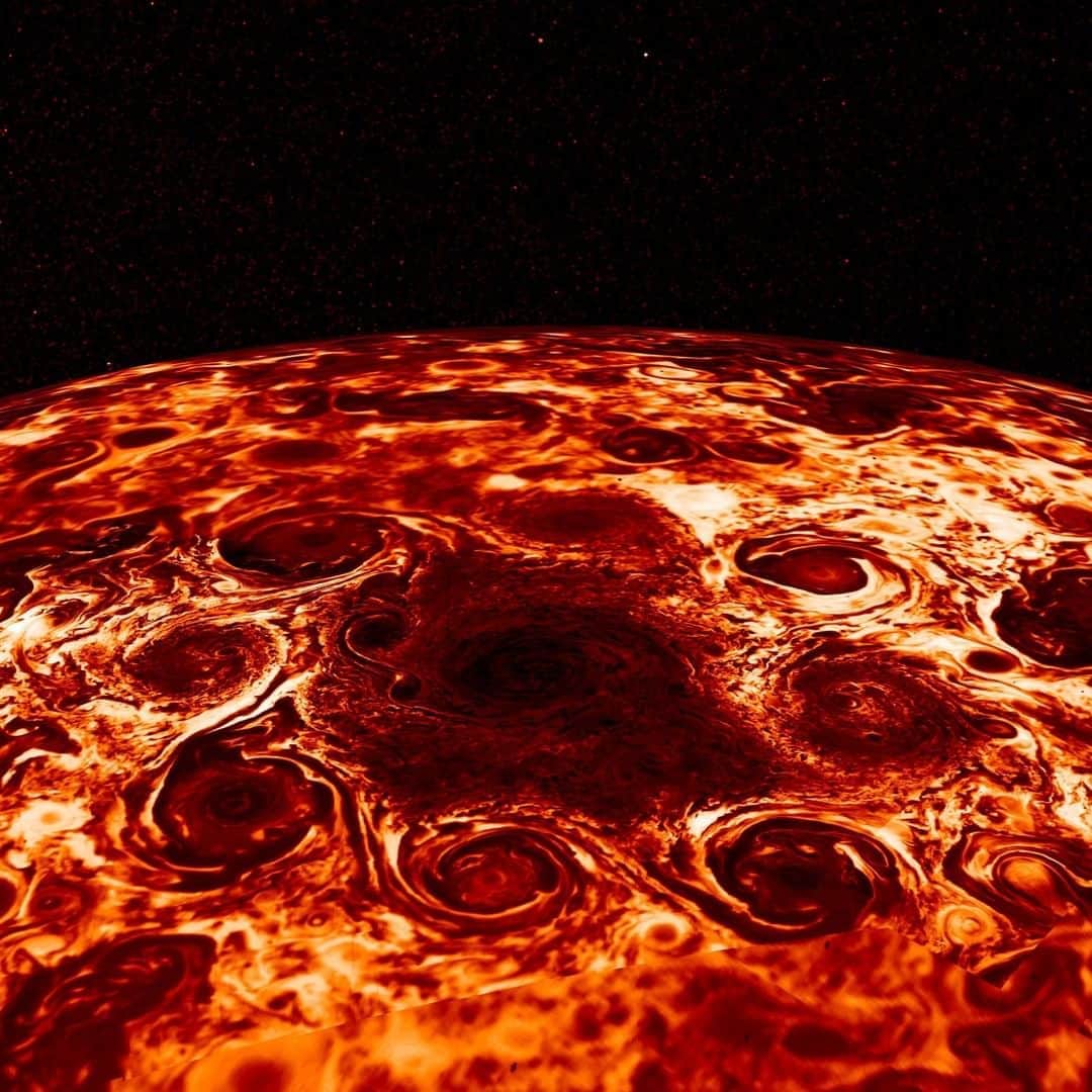 NASAさんのインスタグラム写真 - (NASAInstagram)「The floor is lava!  Oh wait, nevermind, that’s just an infrared look at Jupiter’s North Pole 😉  Our James Webb Space Telescope will examine the atmosphere of Jupiter’s polar region, where @NASAJuno discovered the clusters of cyclones seen in this image. @NASAWebb's data will provide much more detail than has been possible in past observations, measuring winds, cloud particles, gas composition, and temperature.  Credit: NASA/JPL-Caltech/SwRI/ASI/INAF/JIRAM  #Space #NASAJuno #TheFloorIsLava #Jupiter #PlanetaryScience」8月9日 4時55分 - nasa