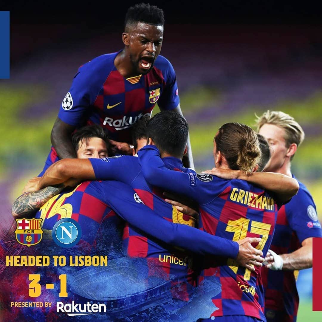 FCバルセロナさんのインスタグラム写真 - (FCバルセロナInstagram)「😍 QUARTERFINALS! 🏁 Barça 3-1 Napoli (4-2 agg.) ⚽ Lenglet, Messi, Suárez)」8月9日 6時00分 - fcbarcelona