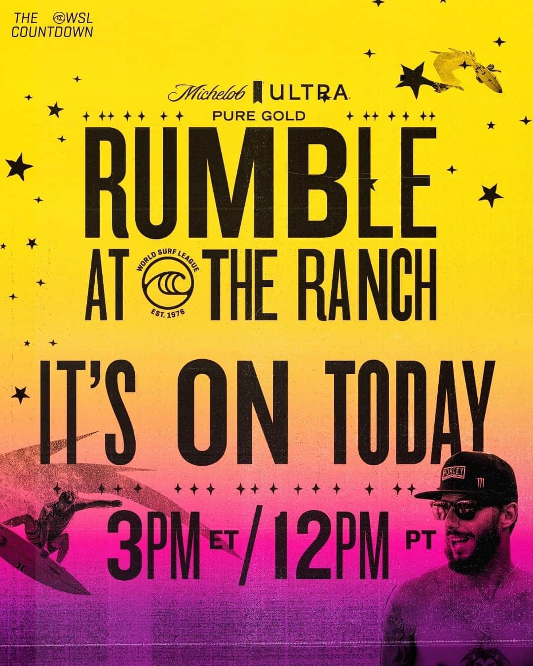世界プロサーフィン連盟（WSL）さんのインスタグラム写真 - (世界プロサーフィン連盟（WSL）Instagram)「Join us live at 12 PM PT, link in bio. 📺 @michelobULTRA #PureGold Rumble at the Ranch」8月9日 23時00分 - wsl