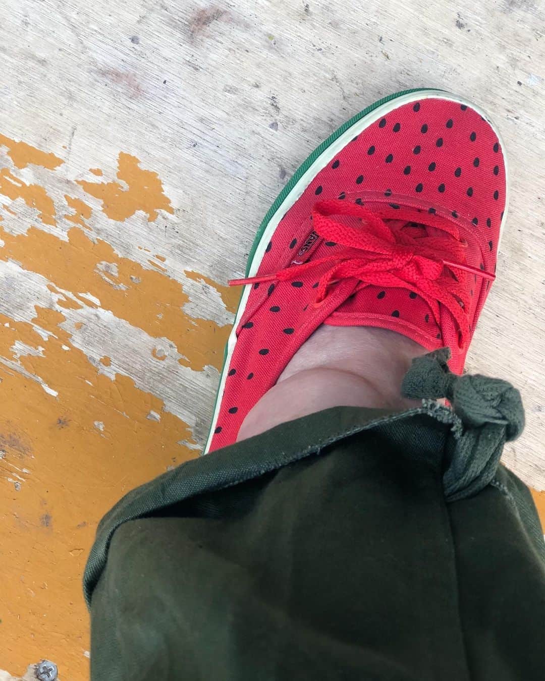 のインスタグラム：「スイカなVANS🍉  こういうアイテムってあまり持っていないんだけど買付の時にほぼ未使用な感じで置いてあるのを見つけて一度手から離したけどやっぱり連れて帰ってきた  これ履いてると色んな人から食いついてもらえるのもくすぐったくて嬉しかったりする  #swellvtg #vans #watermelon #スイカ #本物のスイカはあんまり好きじゃない」