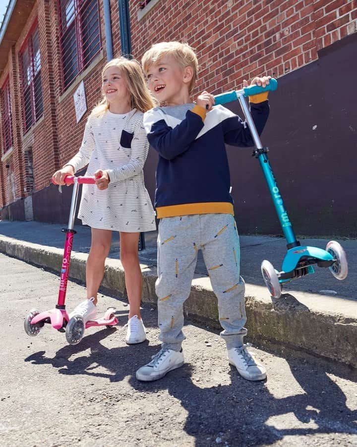 Saks Fifth Avenueのインスタグラム：「Cruising into fall on @microkickboard scooters and comfy-fun looks from @milesbabybrand.」