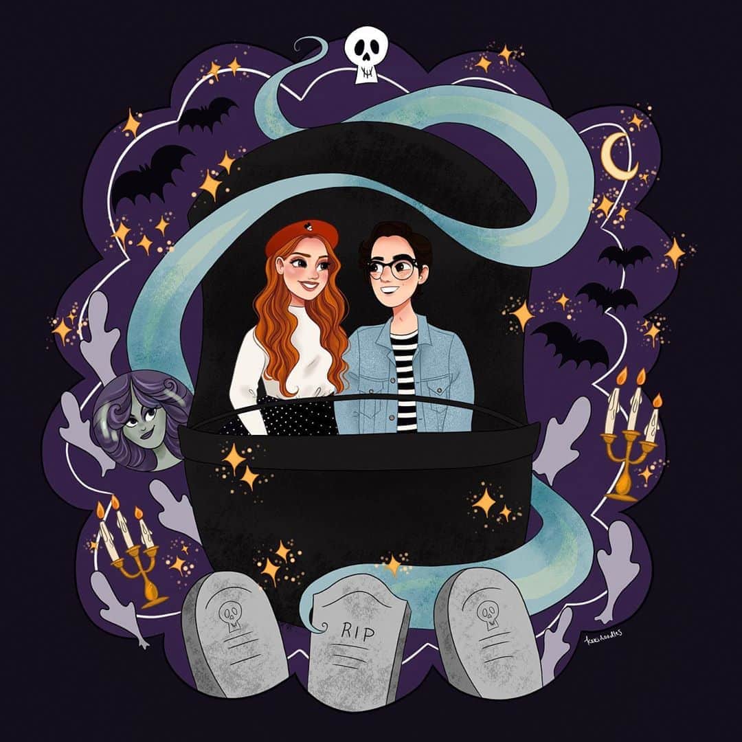 ブリー・キッシュのインスタグラム：「happy 51st birthday, haunted mansion! 👻✨🔮 i commissioned this art from @keridoodles of matthew and i riding our favorite disneyland attraction as a gift to him on our 3 month anniversary! yes, i’ve been extra since the beginning... 👀⚰️🕯🦇」