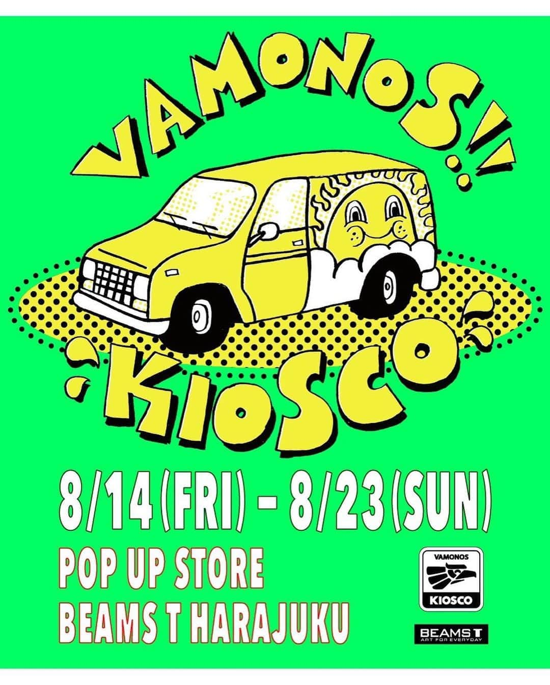 ビームスさんのインスタグラム写真 - (ビームスInstagram)「KIOSCO( a store in Koenji, Tokyo ) POP UP STORE  “VAMONOS” at BEAMS T HARAJUKU 8/14 Fri. -8/23 Sun.  サブカルの聖地、東京・高円寺で異彩を放つセレクトショップKIOSCOのPOP UP STOREをビームスT 原宿にて開催  オーナー自ら手掛ける＜RWCHE＞ 新潟県のセレクトショップ＜ADOOM＞ グラフィティーライターの＜ZECS＞ タトゥーアーティストの佐藤雄大 KIOSCOと縁の深い仲間と共同製作したT シャツ オリジナルのバスタオルや PVC 素材を使用したサコッシュをリリ ース。 各コラボレーション先のアート作品やKIOSCOがセレクトした雑貨も同時に展示、販売  ※BEAMS公式オンラインショップ、ビームス ストリート 梅田でも同日発売開始。 詳しくはHPをチェック！ https://www.beams.co.jp/news/2074/  ★★ Instagram ライブ配信 ★★ 14(金)　21:00〜 @beams_t @kioscojpn  KIOSCOのオーナーが出演し出張出店の魅力やTシャツのデザインなどを深堀りしながら、同ショップにまつわる様々なエピソー ドをご紹介。   @kioscojpn  @rwche  @adoompom  @agamex  @sato.yuta.1  #kiosco #kioscojpn #beamst」8月10日 20時10分 - beams_official