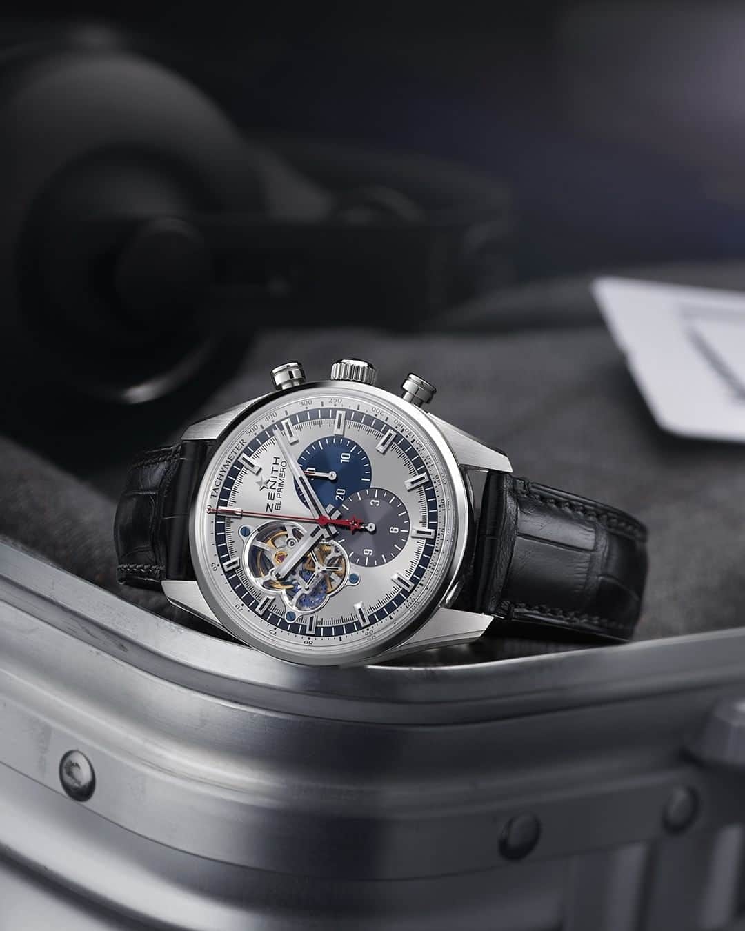 ゼニスのインスタグラム：「#Chronomaster: A modern classic among chronographs. The Chronomaster El Primero Open combines several signature Zenith traits including the differently coloured chronograph registers of some of the earliest Zenith El Primero models, the partial opening of dial revealing the escapement, and of course the venerable El Primero chronograph calibre.  #Zenith #ZenithWatches #Watches #Watch #Watchesofinstagram #Watchfam #WatchoftheDay #Luxury #WatchAddict #Watchcollector #Horology #DailyWatch #ElPrimero #Chronograph #VintageWatches」