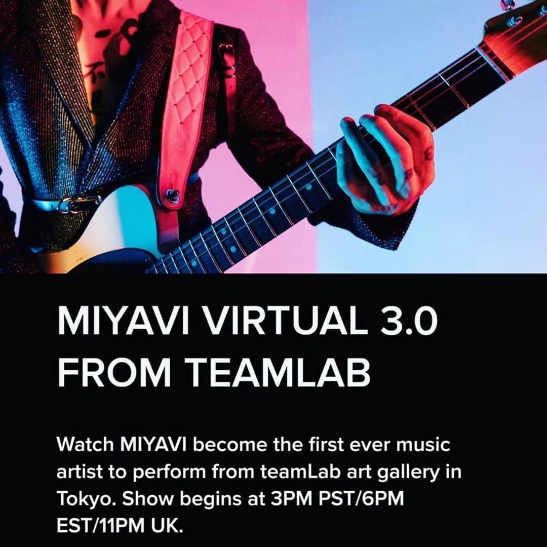 雅-MIYAVI-さんのインスタグラム写真 - (雅-MIYAVI-Instagram)「#Repost @comiyaviww ・・・ [ TICKETS ] ⠀ #MIYAVIVirtual 3.0 details are out ! ⠀ ⠀ Purchase online ticket for #MIYAVI × #TeamLabPlanets #virtual LIVE from  TOKYO 🇯🇵 ⠀ ⠀ For now payment available via credit card! ⠀ ⠀ ⚡Check more at miyavi.com ➡️ STREAM ⠀ ⠀ #Repost @miyavi_staff ⠀ ⠀ " (For fans outside of Japan) ⠀ ⠀ Next MIYAVI Virtual 3.0 at teamLab Planets TOKYO will be streamed on August 28, 2020 at 3PM (Los Angeles) /6PM (New York time) /11PM (UK). ⠀ ⠀ Tickets to watch this special performance can be purchased at ( https://live.miyavi.com/ ) ⠀ ⠀ Tag a friend in the comments and we will be giving away free access codes to watch the concert. Prizes will be given out in real-time during the stream. You don’t wanna miss this show " ⠀ ⠀ Tag a friend ( @ MIYAVI STAFF IG )」8月10日 21時01分 - miyavi_ishihara