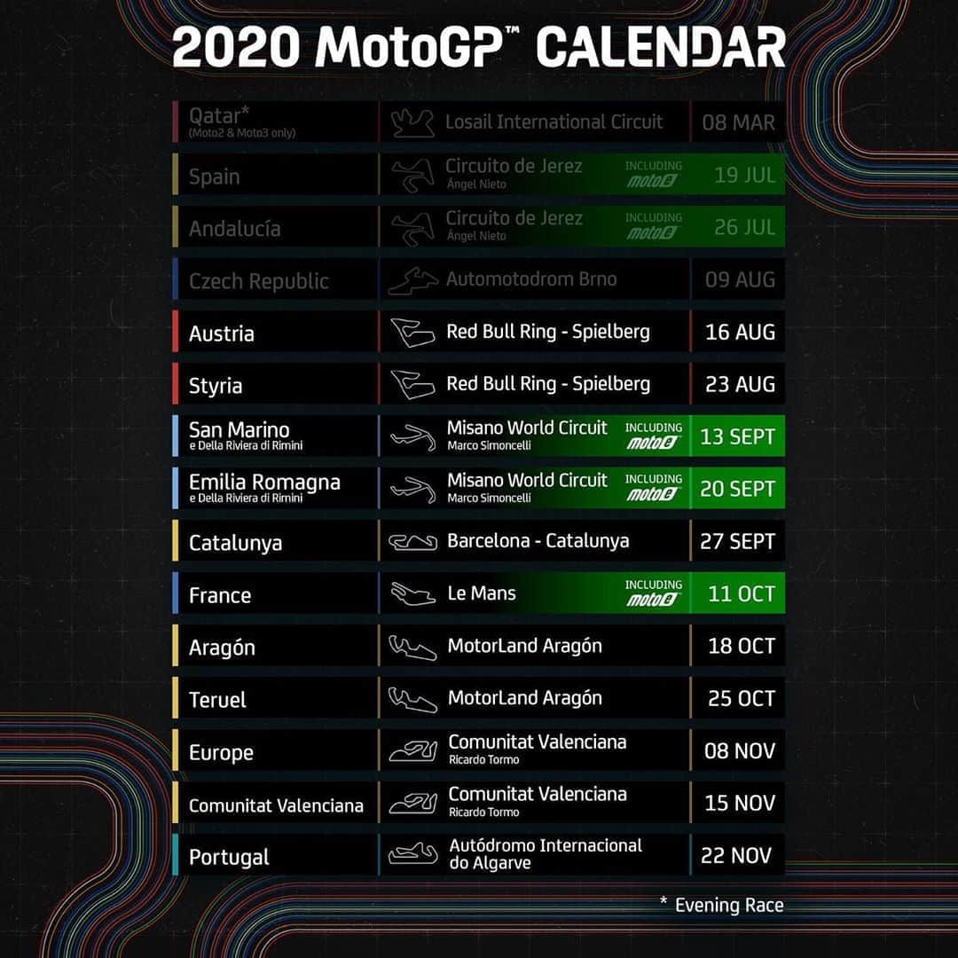 MotoGPさんのインスタグラム写真 - (MotoGPInstagram)「11 GPs ahead! 🤩🏁 Check out how the 2020 #MotoGP calendar looks after the confirmation of the #PortugueseGP 🇵🇹」8月10日 23時33分 - motogp