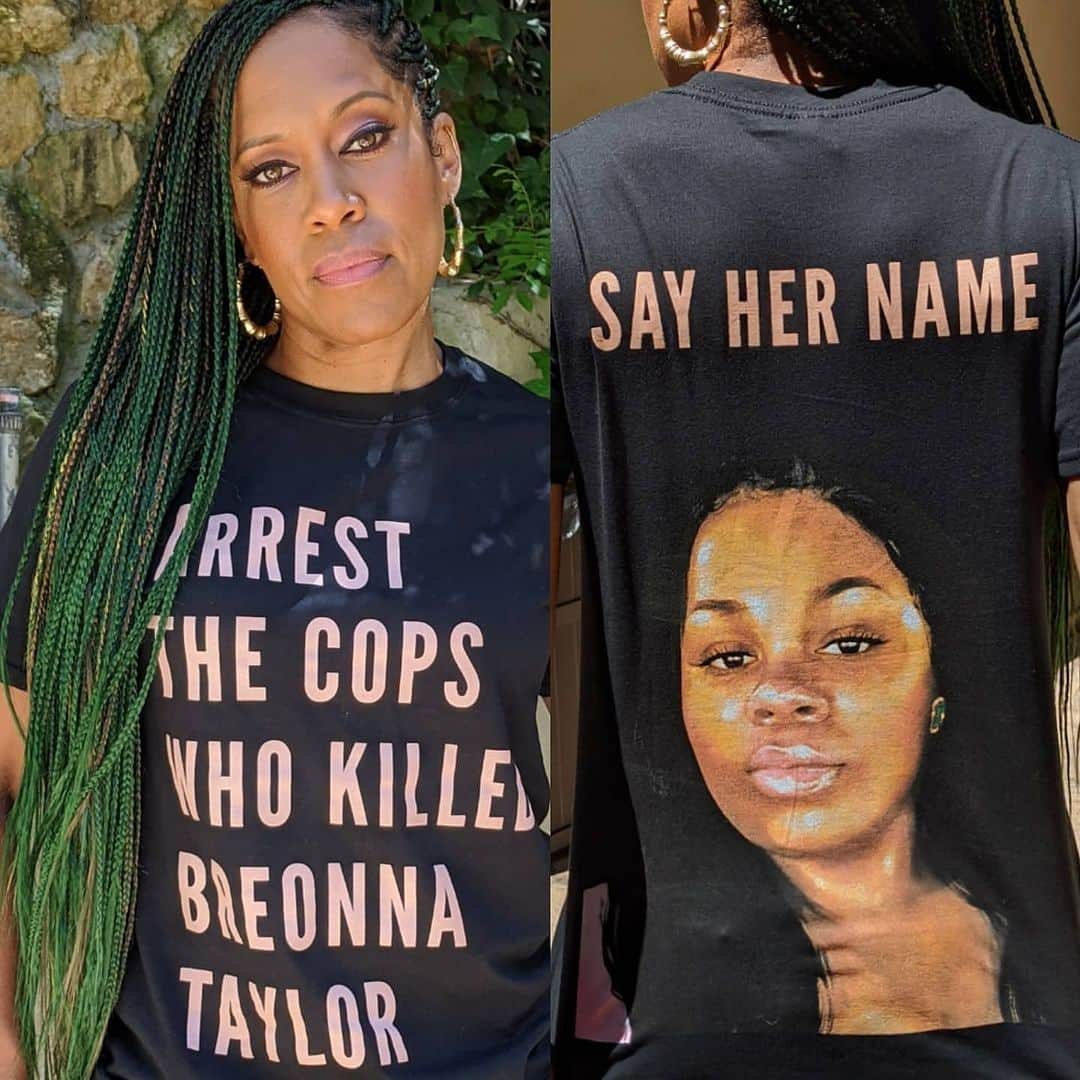 レジーナ・キングのインスタグラム：「It’s been 150 days since Breonna Taylor was murdered in her sleep by Jonathan Mattingly, Brett Hankison, and Myles Cosgrove—and her killers have not been charged. Too often Black women who die from police violence are forgotten. Let’s stay loud, keep demanding justice for Breonna and her family, and SAY HER NAME. This campaign and t-shirt was created by @phenomenal in partnership with the Breonna Taylor Foundation, to which all profits will be donated. Click link in bio Art by @arlyn.garcia」