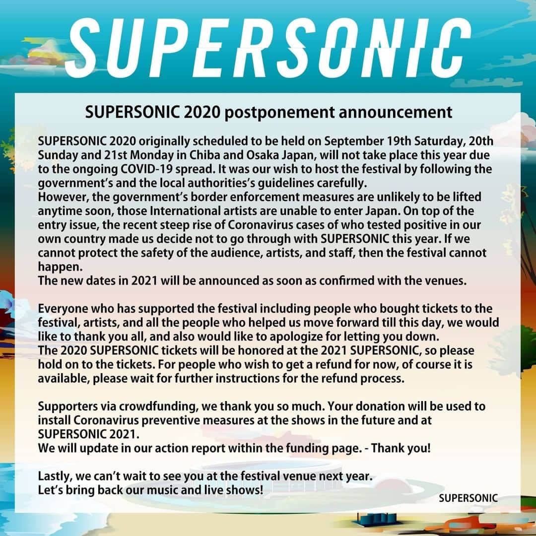 サマーソニックさんのインスタグラム写真 - (サマーソニックInstagram)「SUPERSONIC 2020 postponement announcement https://supersonic2020.com/news/detail/17?lang=en #スパソニ #supersonic」8月11日 12時04分 - summersonic_official