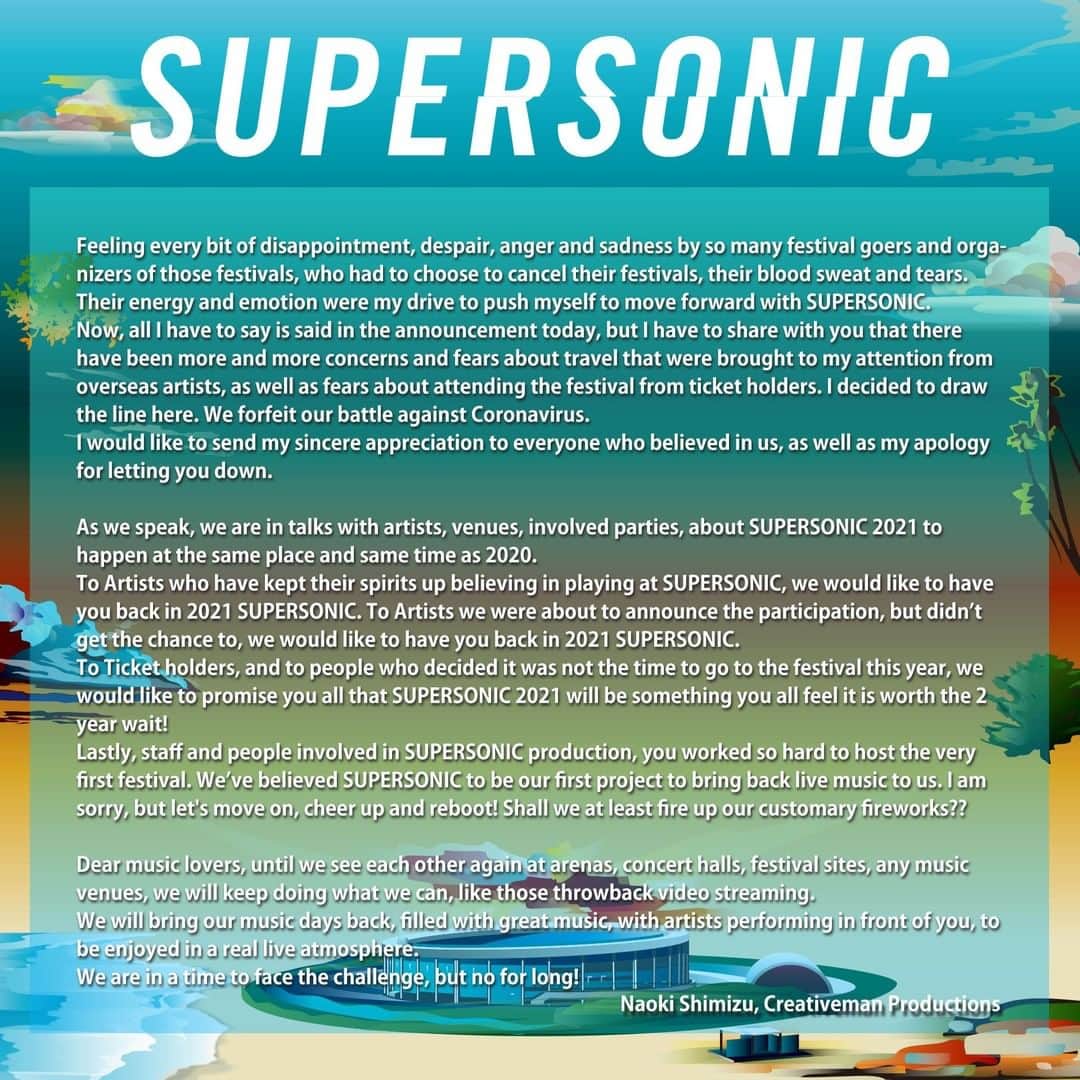 サマーソニックさんのインスタグラム写真 - (サマーソニックInstagram)「SUPERSONIC 2020 postponement announcement https://supersonic2020.com/news/detail/17?lang=en #スパソニ #supersonic」8月11日 12時04分 - summersonic_official