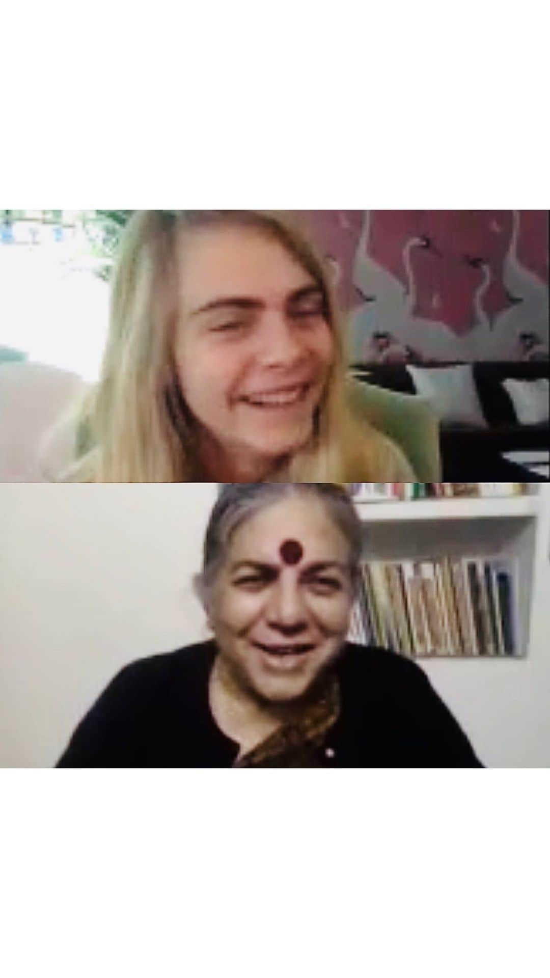カーラ・デルヴィーニュのインスタグラム：「Last week I had the honour of talking to Dr Vandana Shiva, the world renowned author, activist, eco-feminist and physicist, for @MyEcoResolution. Over the hour I learnt about the destruction caused by corporate globalisation, industrial agriculture and their links with colonialism. Vandana explained that that small farms are the future and we must all participate in the movement towards agriculture, economies and ways of being that respect the ecosystems on which we all rely.   To watch the full interview go to the link in @myecoresolution bio and subscribe to the YouTube channel!  EcoResolution is also launching a Global Network of ChangeMakers to support, enable and motivate those engaging in land-based work with a focus on restoring ecosystems, growing food and improving community wellbeing. If you would like to join go to @MyEcoResolution to register!」