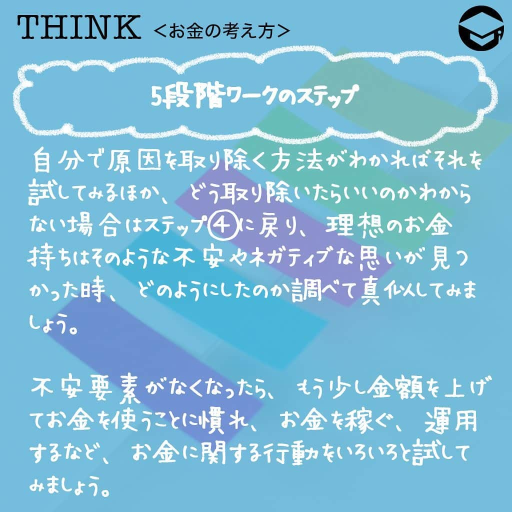 ファイナンシャルアカデミー(公式) さんのインスタグラム写真 - (ファイナンシャルアカデミー(公式) Instagram)「﻿ お金持ちになりたい！という思いは皆さん少なからずあると思いますが、お金やお金持ちについてじっくり考えたことはありますか？お金に対するイメージや自分の目標が具体的であればあるほど夢は叶いやすくなります。ワークを通してお金について考えてみましょう。﻿ ﻿ ーーーーーーーーーーーーーーーーーーーーーーー﻿ ﻿ 5段階ワークのステップ﻿ ﻿ ーーーーーーーーーーーーーーーーーーーーーーー﻿ ﻿ ステップ1️⃣お金とはワーク﻿ ﻿ まず、自分がお金に対してどんなイメージを抱いているのかはっきりさせましょう🙋‍♂️﻿ ﻿ 「お金は○○だ」﻿ 「自分にとって、お金とは○○」﻿ 「お金があると、○○」﻿ ﻿ それぞれの○○に入る言葉をいくつでも書き出してみましょう。たくさん書き出すほど自分の持っているイメージがはっきりするため、できるだけ書き出します🖊﻿ ﻿ 書き終わったら、書いた言葉にどんな傾向があるか考えてみましょう。ポジティブなイメージ、無機質な感じがする、など気づいたことを書いてみてください📒﻿ ﻿ ステップ2️⃣自分はどんなお金持ちになりたいのかワーク﻿ 続いて「お金持ち」にどんなイメージを持っているのか確認してみましょう🤔﻿ ﻿ 「お金持ちは○○だ」﻿ 「自分にとって、お金持ちとは○○」﻿ ﻿ ○○に当てはまる言葉をたくさん書いてみましょう。そして、また気づいたことを書き出します。お金に対するイメージと、お金持ちに対するイメージはどうだったでしょうか。それを踏まえて、自分はどんなお金持ちになりたいのかを書き出してみましょう📝﻿ ﻿ ステップ3️⃣1億円あったらワーク﻿ まずは、「1万円あったら何に使うか」を書き出してみましょう。ルールはすべて使い切ること。貯金や運用はダメです。1万円ができたら、10万円、100万円、1,000万円、1億円などと、どんどん金額を増やして同じようにワークをやってみましょう。﻿ ﻿ 1億円を使うイメージがわかない人は、1億円貯められない可能性が高いと言われています。なぜなら、「自分は1億円必要がない人」という潜在意識を持っているから。しかし、これは行動や考え方を変えていくことで変えられます✨﻿ ﻿ ステップ4️⃣完コピワーク﻿ お金持ちになる近道は、お金持ちの真似をすることです。﻿ ﻿ ステップ2️⃣のイメージに近いお金持ちを思い浮かべてください。そして、その人の見た目、しぐさ、習慣や考え方などを真似てみるのです。その方が本を書いていたら、読んでみると良いでしょう📚﻿ ﻿ ステップ5️⃣1万円で行動﻿ 自分の理想としているお金持ちの人は1万円があったらどういう使い方をするか、実際に分かれば同じ使い方をし、分からない場合は想像して使ってみましょう🤚﻿ ﻿ なぜそういう使い方をするのか考えて、使ってみてどう感じたかを書き出してみてください。使うことに罪悪感や恐れ、あるいはタガが外れて浪費しそうといった不安が見つかった場合は、そう感じている原因を見つけましょう。﻿ ﻿ 自分で原因を取り除く方法がわかればそれを試してみるほか、どう取り除いたらいいのかわからない場合はステップ4️⃣に戻り、理想のお金持ちはそのような不安やネガティブな思いが見つかった時、どのようにしたのか調べて真似してみましょう。﻿ ﻿ 不安要素がなくなったら、もう少し金額を上げてお金を使うことに慣れ、お金を稼ぐ、運用するなど、お金に関する行動をいろいろと試してみましょう。次第にお金持ち体質になっていきます💹﻿ ﻿ ーーーーーーーーーーーーーーーーーーーーーーー﻿ ﻿ 注意すること﻿ ﻿ ーーーーーーーーーーーーーーーーーーーーーーー﻿ ﻿ ⭕️いいことばかりではなく、リスクも見つける﻿ お金を持つことにはそれなりにリスクやデメリットが伴います。もしお金持ちになったら、どんなリスクが起こりうるかもあらかじめ考えておきましょう🙆﻿ ﻿ ⭕️最終的にどういう自分になりたいかを確認する﻿ 自分はどういうお金持ちになりたいかに関係していますが、お金持ちは最終ゴールではないと思います。お金を得てその先に本当にやりたいこと、なりたい自分、それを思い描いていないと、ずっとお金を追い求める人生になってしまいます。﻿ ﻿ 最終的にどういう自分になりたいかを考えてみましょう👩﻿ ﻿ ＝＝＝＝＝＝＝＝＝＝＝＝＝＝＝＝﻿ さらに詳しくお金のことや﻿ 投資のノウハウ・知識を学びたいという方必見👀﻿ ﻿ 自宅にいながらお金や株・不動産投資の勉強ができる﻿ 「WEB体験セミナー」💻﻿ （@financial_academy）　﻿ ﻿ 詳しくはプロフィールリンクにあるサイトへ飛んでくださいね☝️﻿ ＝＝＝＝＝＝＝＝＝＝＝＝＝＝＝＝﻿ ﻿ #ファイナンシャルアカデミー #お金の教養  #手書きアカウント #情報収集 #ライフマネー #お金持ち #お金持ちになりたい #お金持ちになる方法 #お金を貯める #お金が欲しい  #お金の勉強 #お金がない #お金の増やし方 #ライフマネー #マネカツ」8月11日 17時16分 - financial_academy