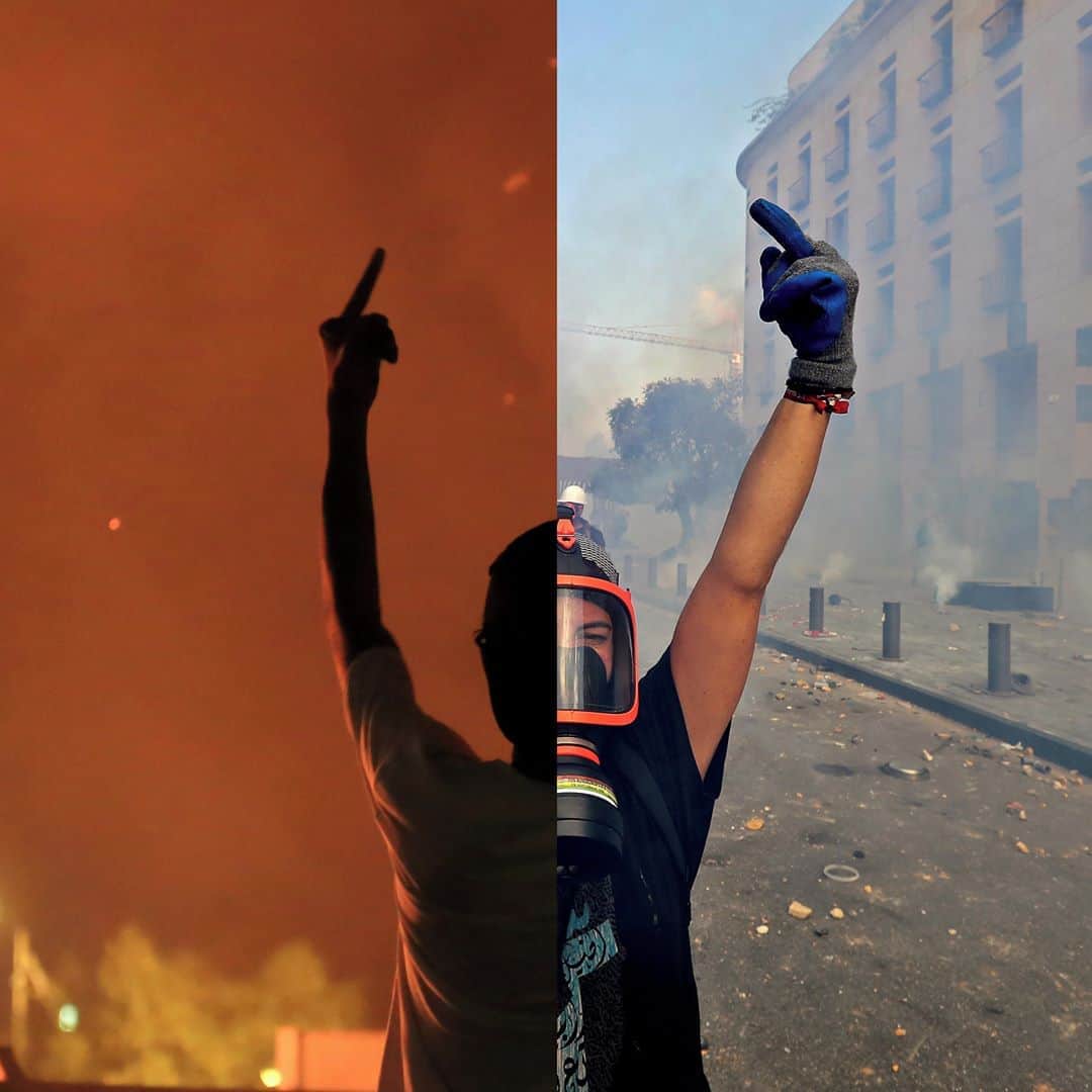 AFP通信さんのインスタグラム写真 - (AFP通信Instagram)「AFP Photo 📷 @mohammed_sawaf 📷 Joseph Eid - This combination of pictures created on August 11, 2020 shows (L) an Iraqi protester  gesturing the middle finger at riot police during an anti-government demonstration in the Shiite shrine city of Karbala, south of Iraq's capital Baghdad on October 27, 2019; and a Lebanese protester gesturing the middle finger at security forces amid clashes in downtown Beirut on August 8, 2020.⁣ .⁣ Since October, Iraqi and Lebanese protesters have been sharing the hope of sweeping out a system they say is broken and often unable to provide even basic services.」8月11日 18時16分 - afpphoto