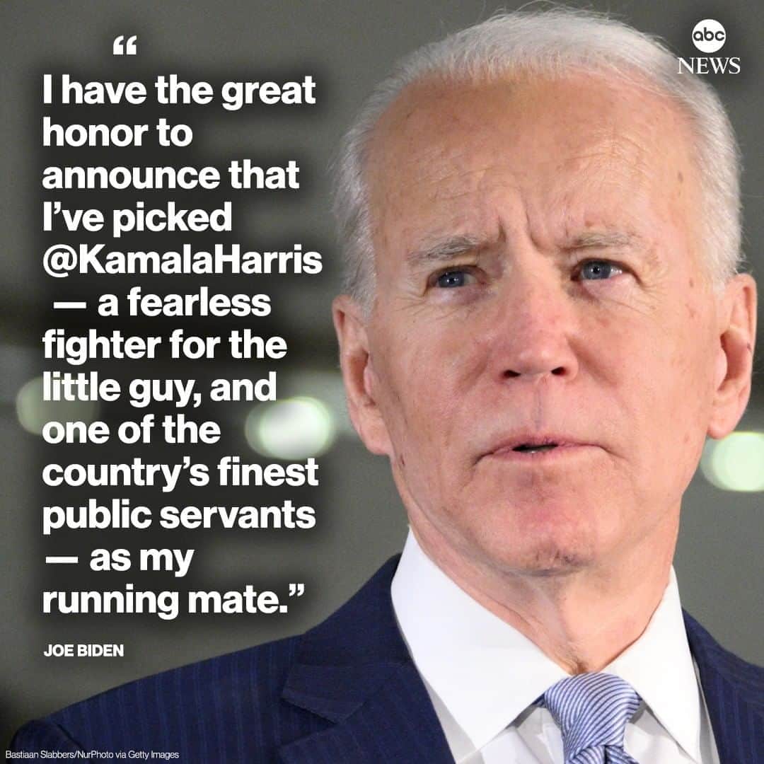 ABC Newsさんのインスタグラム写真 - (ABC NewsInstagram)「BREAKING: Joe Biden announced on Twitter that he's chosen Kamala Harris, "one of the country's finest public servants," as his running mate for the 2020 presidential election.」8月12日 5時42分 - abcnews