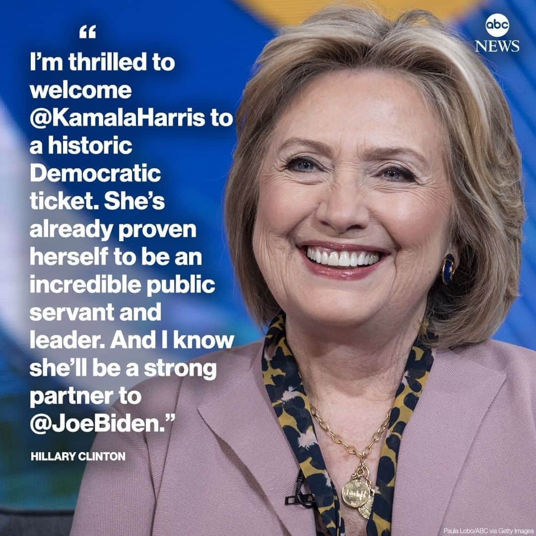 ABC Newsさんのインスタグラム写真 - (ABC NewsInstagram)「NEW: Hillary Clinton says in a tweet that she's "thrilled" with Joe Biden's choice of Kamala Harris as his running mate: "She's already proven herself to be an incredible public servant and leader. And I know she’ll be a strong partner to Joe Biden."」8月12日 6時06分 - abcnews
