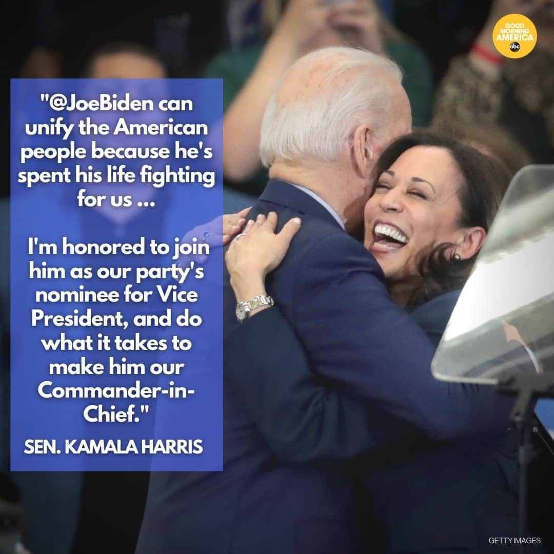 Good Morning Americaさんのインスタグラム写真 - (Good Morning AmericaInstagram)「Sen. #KamalaHarris says she is "honored" to join former VP #JoeBiden as his running mate "and do what it takes to make him our Commander-in-Chief." LINK IN BIO.」8月12日 6時12分 - goodmorningamerica