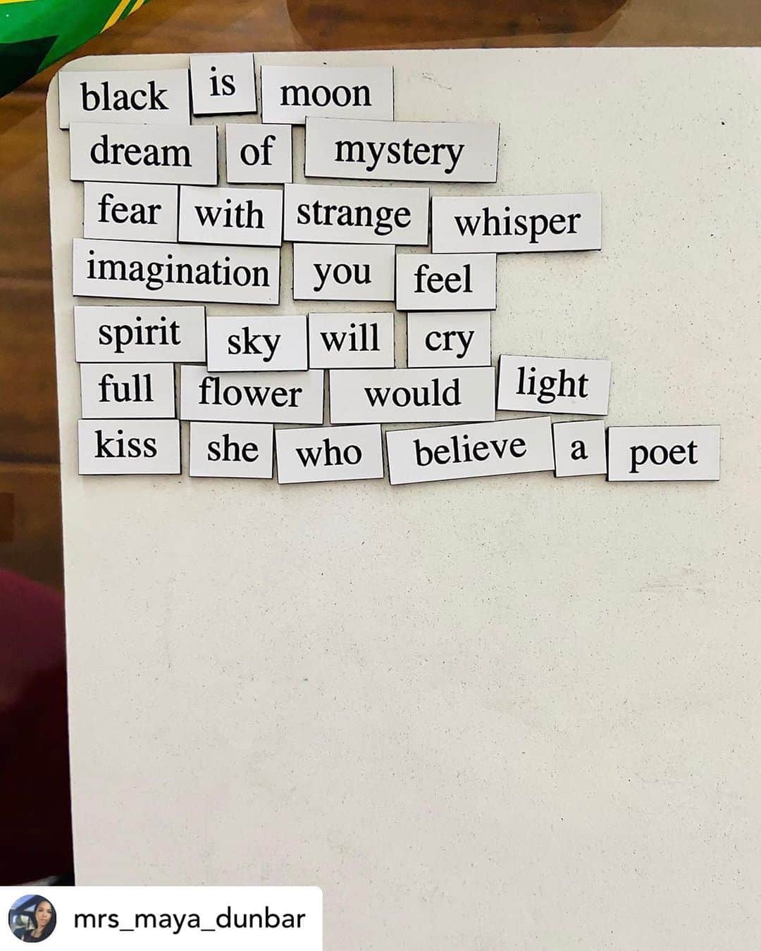 ロックモンド・ダンバーさんのインスタグラム写真 - (ロックモンド・ダンバーInstagram)「Posted @withregram • @mrs_maya_dunbar So today Berkeley created/wrote her first poem! We used the Edgar Allen Poe magnetic poetry kit tiles to get her creativity churning. Initially I wasn't sure how things would go because she struggled to fully grasp the freedom that comes with writing poetically. But after about 10 min of just scooting various tiles around she flourished! An intended 15 min project turned into 90min WILLINGLY on her part. She didn't want to stop. As a writer, I am beyond proud and impressed by her instinct, her voice and maturity expressed through the written word. There are times I catch flack because I am so unapologetically proud and in love w being black and honoring all that comes with it. For teaching our children to have pride in our heritage, our ancestors and our culture. Some think they're too young or that race doesn't matter and shouldn't be discussed. But what I have learned is that black children THRIVE on knowledge of Self! They aren't embittered by being black they are uplifted by it. It's something they hold sacred. It guides them in all they do and speaks through their work. Every child speaks/expresses and works through some sort of lens or filter. As black children, that lens can either be one of white supremacy and denial or one of self preservation and love. I'm saddened when other black people think embracing blackness and all that comes with it is a burden or unnecessary. I view it as an obligation and an honor. Our history, our people, our very being, is one rooted in kingdoms and beauty. In triumph over tragedy. Watching her mind work on its own at 6 to create something that speaks so powerfully let's me know that we're doing exactly what we should. #blackhomeschoolers #blackhomeschooling #blackhomeschool365 #blackhomeschoolfamily #poetry #poetryofinstagram #educationmatters #educationispower #blackpower #blackfamilies #blackpride #writing #homeschooling #homeschoollife #homeschoolmom #blackhomeschoolmom」8月12日 6時07分 - rockmonddunbar