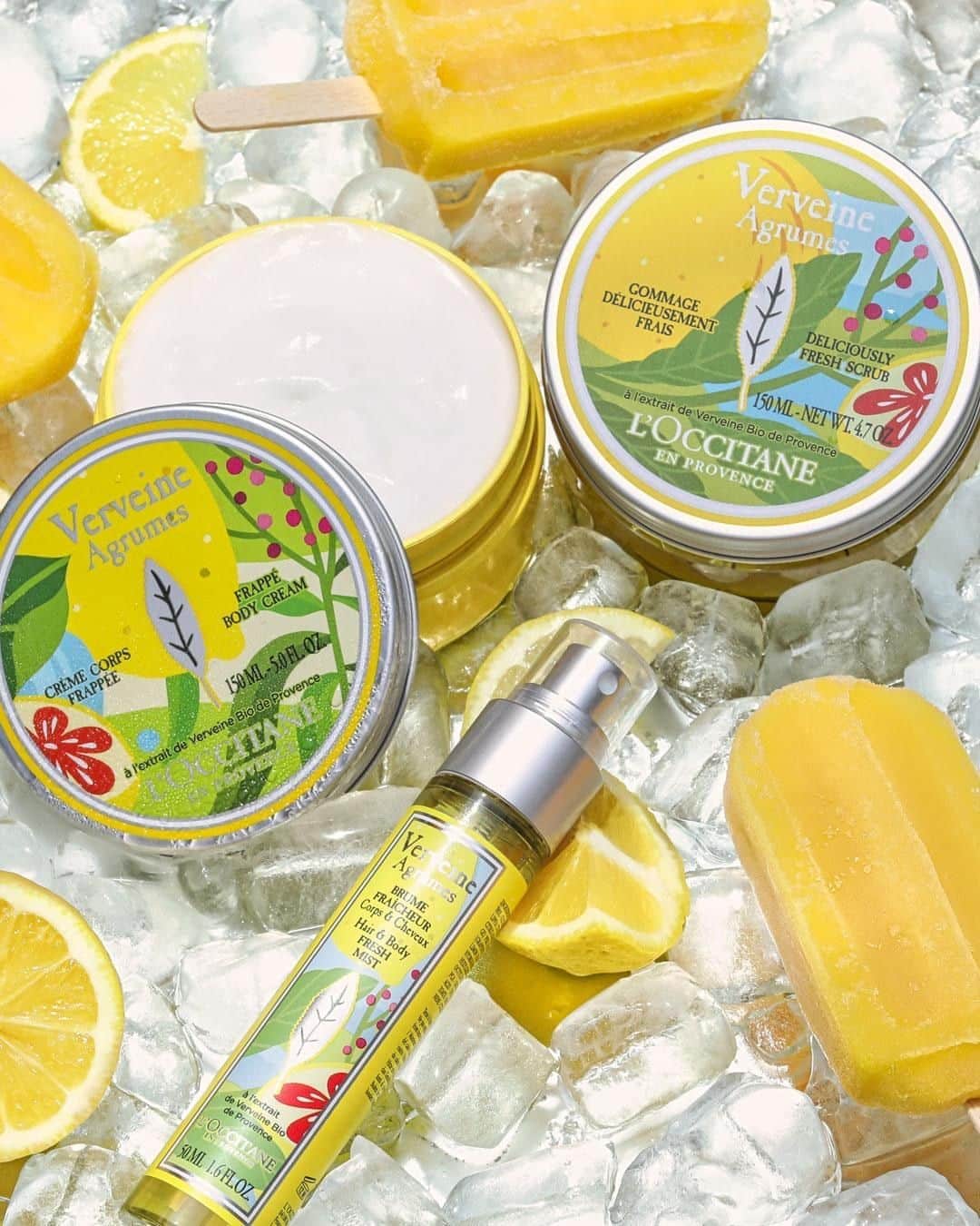 のインスタグラム：「Nothing says summer like Citrus Verbena! 🍋 Keep your skin invigorated and moisturized with our Frappé Body Cream, and stay fresh anywhere with our Refreshing Mist. The combination of zesty citrus and invigorating verbena will wake up your senses and keep you feeling cool! #LOccitane #CitrusVerbena #LimitedEdition #FrappeBodyCream #RefreshingMist #BodyCare #Refreshing #SummerTips #Summer #NaturalBeauty」