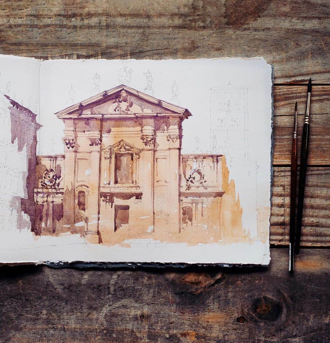 PSNYのインスタグラム：「Watercolor sketches of Basilica di San Pietro and Basilica di Sant'Andrea in Mantua ⠀ 🔸  Акварельные зарисовки базилик Сан-Пьетро и Сант-Андреа в Мантуе」