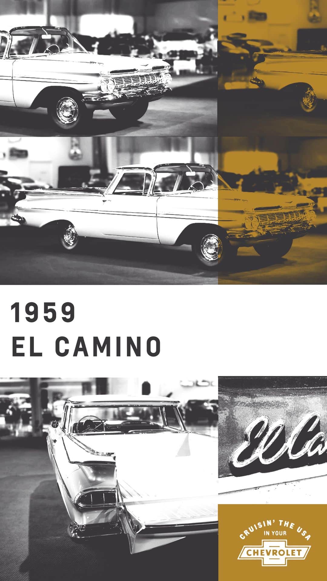 シボレーのインスタグラム：「The 1959 #ElCamino is perhaps the most eccentric, original design in Chevy history. Take a tour of our first roadster pickup. #ChevyLove」