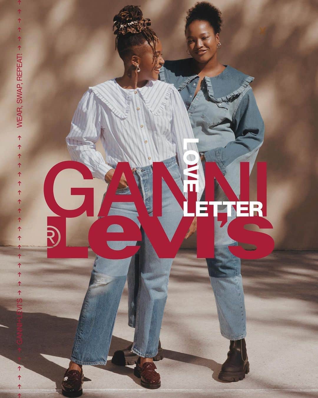 のインスタグラム：「Chosen with love, each piece is made from upcycled vintage Levi’s and re-designed withGANNI, creating something completely unique & timeless to be shared. #LEVISXGANNI   Only available on GANNI REPEAT. Sign up at the link in bio to be the first to rent our 100% upcycled collab.   📷 in New York by @adrienneraquel」