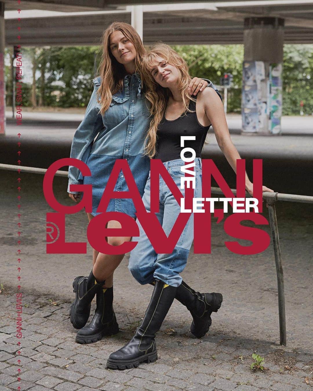 のインスタグラム：「Designed to be worn by many, the #LEVISXGANNI collaboration is all about a love letter to great denim -- sharing denim that gets better over time. #LEVISXGANNI   Only available on GANNI REPEAT. Sign up at the link in bio to be the first to rent our 100% upcycled collab.  📷 in Copenhagen by @sara.abraham」