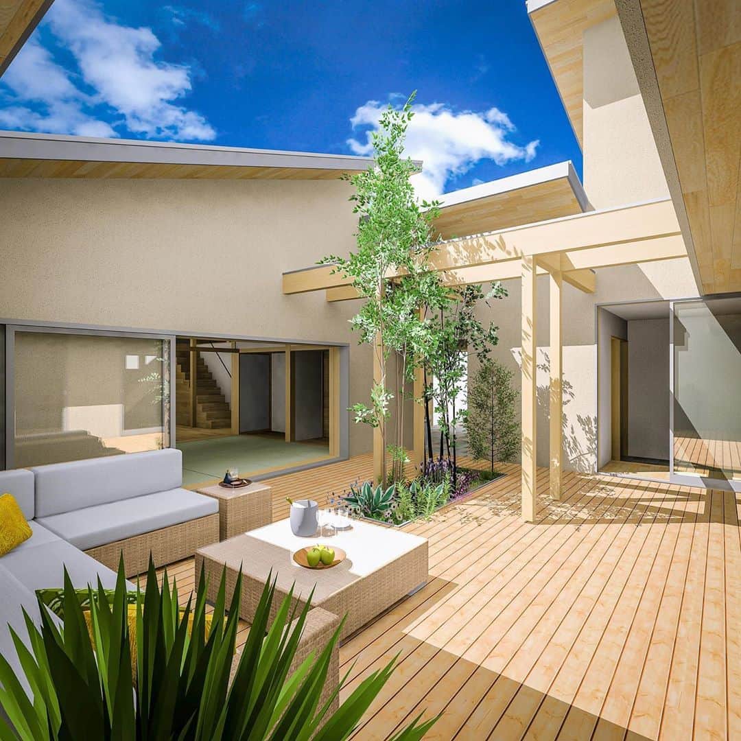 一級建築士事務所hausさんのインスタグラム写真 - (一級建築士事務所hausInstagram)「□haus-sand□ 兵庫県姫路市での新しいプロジェクトがスタートします！ こちらはプレゼン時にお渡しした中庭部分のパースのアレンジ版。 : ほぼ平屋建ての親世帯と2階建の子世帯が連なる二世帯住宅で それぞれの世帯が大きな中庭や共有エントランスをサンドしていたり、砂壁に特徴がある事からhaus-sandと命名しました♪ 以後、お見知り置きを。 : #建築 #建築家 #住宅 #家 #注文住宅 #家づくり #新築 #設計 #設計事務所 #デザイン #パース #リビング #中庭 #建築パース #ウッドデッキ #中庭のある家 #architect #architecture #build #design #cg #livingroom #courtyard #haus #house #housedesign #homedesign #instahome #一級建築士事務所haus  #haus_sand」8月12日 11時59分 - hausuma