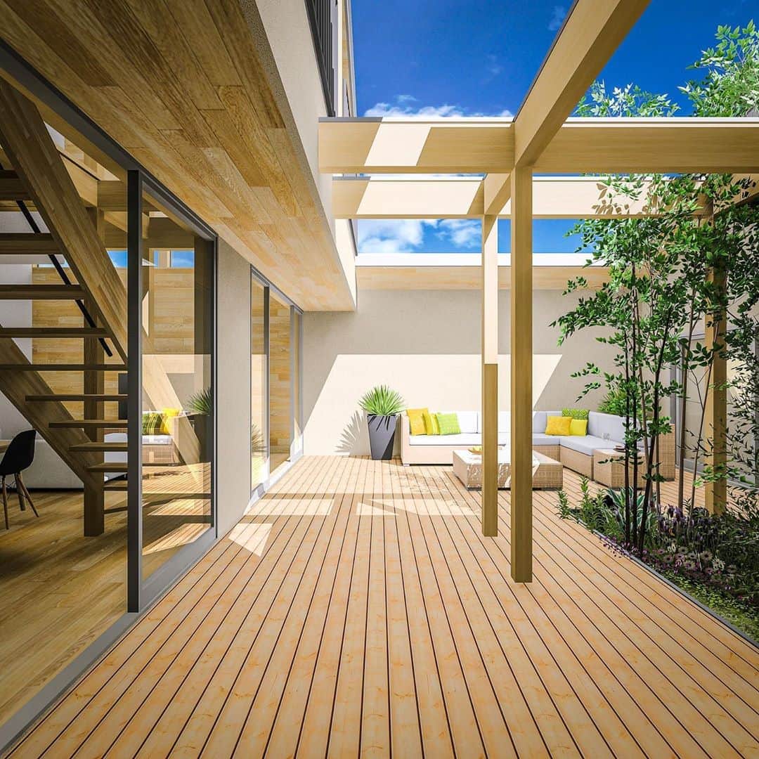 一級建築士事務所hausさんのインスタグラム写真 - (一級建築士事務所hausInstagram)「□haus-sand□ 兵庫県姫路市での新しいプロジェクトがスタートします！ こちらはプレゼン時にお渡しした中庭部分のパースのアレンジ版。 : ほぼ平屋建ての親世帯と2階建の子世帯が連なる二世帯住宅で それぞれの世帯が大きな中庭や共有エントランスをサンドしていたり、砂壁に特徴がある事からhaus-sandと命名しました♪ 以後、お見知り置きを。 : #建築 #建築家 #住宅 #家 #注文住宅 #家づくり #新築 #設計 #設計事務所 #デザイン #パース #リビング #中庭 #建築パース #ウッドデッキ #中庭のある家 #architect #architecture #build #design #cg #livingroom #courtyard #haus #house #housedesign #homedesign #instahome #一級建築士事務所haus  #haus_sand」8月12日 11時59分 - hausuma