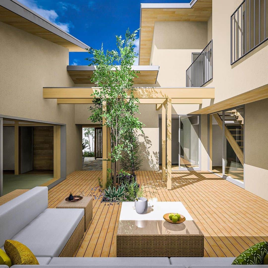 一級建築士事務所hausさんのインスタグラム写真 - (一級建築士事務所hausInstagram)「□haus-sand□ 兵庫県姫路市での新しいプロジェクトがスタートします！ こちらはプレゼン時にお渡しした中庭部分のパースのアレンジ版。 : ほぼ平屋建ての親世帯と2階建の子世帯が連なる二世帯住宅で それぞれの世帯が大きな中庭や共有エントランスをサンドしていたり、砂壁に特徴がある事からhaus-sandと命名しました♪ 以後、お見知り置きを。 : #建築 #建築家 #住宅 #家 #注文住宅 #家づくり #新築 #設計 #設計事務所 #デザイン #パース #リビング #中庭 #建築パース #ウッドデッキ #中庭のある家 #architect #architecture #build #design #cg #livingroom #courtyard #haus #house #housedesign #homedesign #instahome #一級建築士事務所haus  #haus_sand」8月12日 11時59分 - hausuma