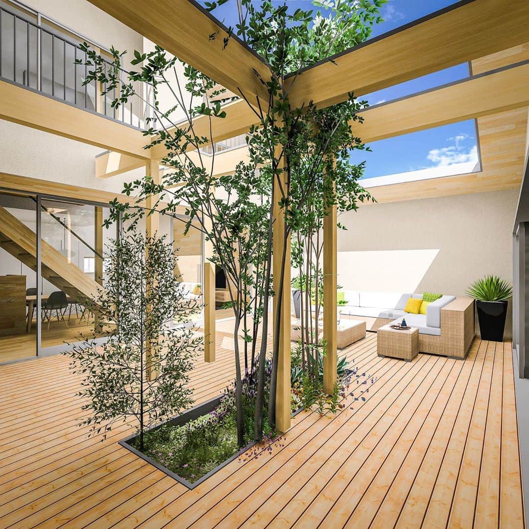 一級建築士事務所hausさんのインスタグラム写真 - (一級建築士事務所hausInstagram)「□haus-sand□ 兵庫県姫路市での新しいプロジェクトがスタートします！ こちらはプレゼン時にお渡しした中庭部分のパースのアレンジ版。 : ほぼ平屋建ての親世帯と2階建の子世帯が連なる二世帯住宅で それぞれの世帯が大きな中庭や共有エントランスをサンドしていたり、砂壁に特徴がある事からhaus-sandと命名しました♪ 以後、お見知り置きを。 : #建築 #建築家 #住宅 #家 #注文住宅 #家づくり #新築 #設計 #設計事務所 #デザイン #パース #リビング #中庭 #建築パース #ウッドデッキ #中庭のある家 #architect #architecture #build #design #cg #livingroom #courtyard #haus #house #housedesign #homedesign #instahome #一級建築士事務所haus  #haus_sand」8月12日 11時59分 - hausuma