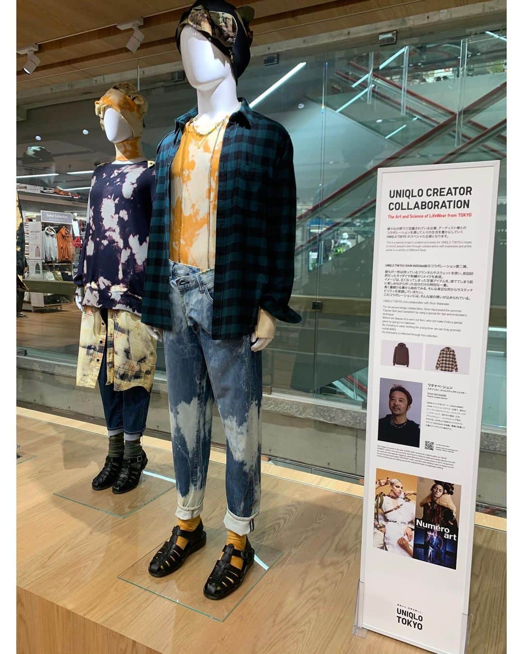Shun Watanabeのインスタグラム：「UNIQLO TOKYO’s 2nd collaboration with Shun Watanabe My styling display at @uniqlo Tokyo store 3rd Floor now! Using Flannel Shirt and Sweatshirt  Tie dye and Embroidered and lanyard styled.  *not sale display only #unqlotokyo #shunwatanabe」