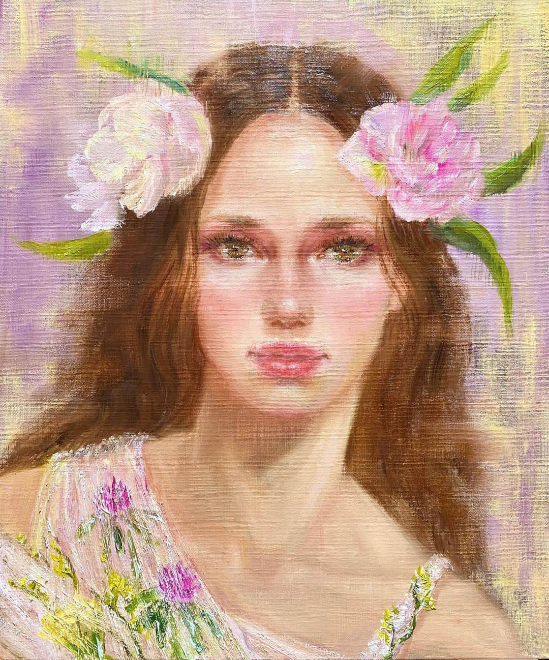 古賀陽子のインスタグラム：「“The Spring Nymph –Ⅱ–” 2020, oil on canvas, 40.9×31.8 cm "春のニンフ–Ⅱ–" F6号  #exhibition #exhibit #art #instaart #instaartist #artist #artwork #gallery #beauty #portrait #painting  #figure #academic #academicart #個展 #展示  #作品  #画家 #作家 #アート #アーティスト #アートワーク #美術館 #絵  #絵画展 #人物画 #美人画 #女性画  #ギャラリー #神戸」