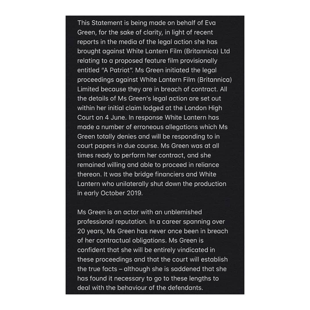 エヴァ・グリーンさんのインスタグラム写真 - (エヴァ・グリーンInstagram)「Official statement on behalf of Eva Green through Archerfield & Partners in reference to “A Patriot”」8月12日 20時20分 - evagreenweb