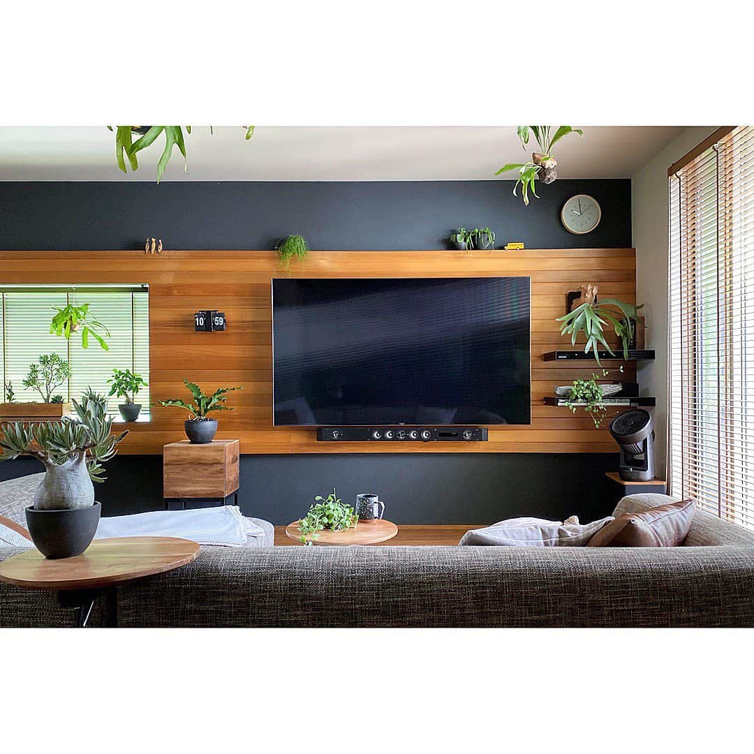 植物のある家のインスタグラム：「ーSONYタイマー発動ー . お久しぶりです またぼちぼちpostしていくのでまた改めてよろしくお願いします . テレビを買って5年ちょい…… 画面に黒いスジが入る 保証は5年 液晶交換で修理は高額…… 新しく買った方が安い…… . ということで…… どうせならインチアップ！ ってことで75インチに . サウンドバーは元々のものを再利用 壁掛けテレビの交換作業費は別途 というわけで自分で交換…… 我が家の皆様…誰も手伝おうともせず…… 僕1人で交換…… 意外とやればできる子👍🏼 . . . picにチラッと写ってますが、ソファまわりもちょっと変えたのでそちらはまたのpostで…… . . #岡山注文住宅  #グリーンインテリア　 #観葉植物　 #SONY #ソニー #マスターウォール #壁掛けテレビ #75インチ #ソファ #リビング #ハンギング #アクタス #無印 #無印良品  #インテリア #コウモリラン #植物のある暮らし  #ハンギング #レッドシダー #ビカクシダ #グラキリス #イケア #コーデックス #塊根植物 #岡山工務店 #リビングインテリア #インテリアコーディネート #岡山 #iPhone11pro」