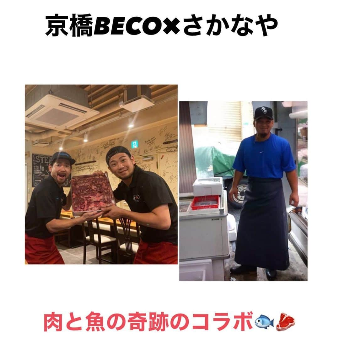 BECOのインスタグラム：「素敵なコラボのお知らせ↓↓↓  ステーキ食堂BECOと現地直送の新鮮なお魚を取り扱っているさかなやの濱田裕也さんとの奇跡のコラボが8月16日に決まりました！！🥩🐟🥩🐟 世間がコロナで大変な中#がんばろう京橋 #コロナに負けるな ということで京橋一帯で一致団結してと言う思いから実現しました！！ 営業時間↓ 11時〜14時　16時〜last #ステーキ食堂ｂｅｃｏ #べこ #ステーキ食堂beco #炭火焼き #夢のコラボ実現 #楽しみ💕 #今週日曜日 #感染対策は万全に #みんなで楽しもう」