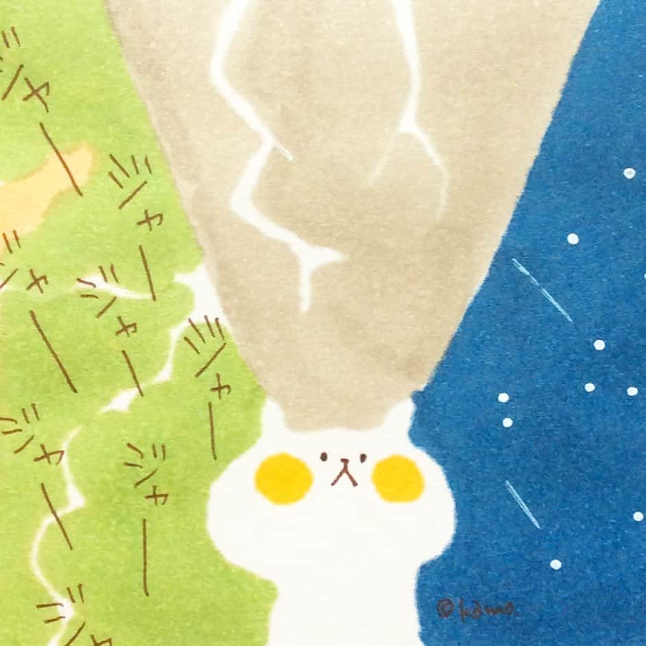 のインスタグラム：「蝉と雷と流れ星 #忙しい世界#蝉#Cicada#雷#Thunder#流れ星#shootingstar#イラスト#illustration#ウサギタケ#usagitake」
