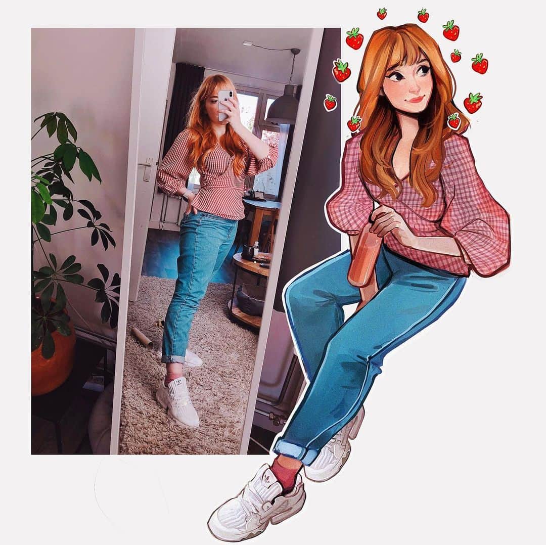 Laura Brouwersのインスタグラム：「Strawberry short girl 🍓😰 A fresh new ootd!! I love this top and it took me too long to realize i look rly cute in it!! Im also really happy with this drawing aaa 🥺  Started this drawing on twitch which I’ve been enjoying a lot and finished it on a brand new tablet ✨ I’m super excited for announcing what I’m up to on saturday!!」