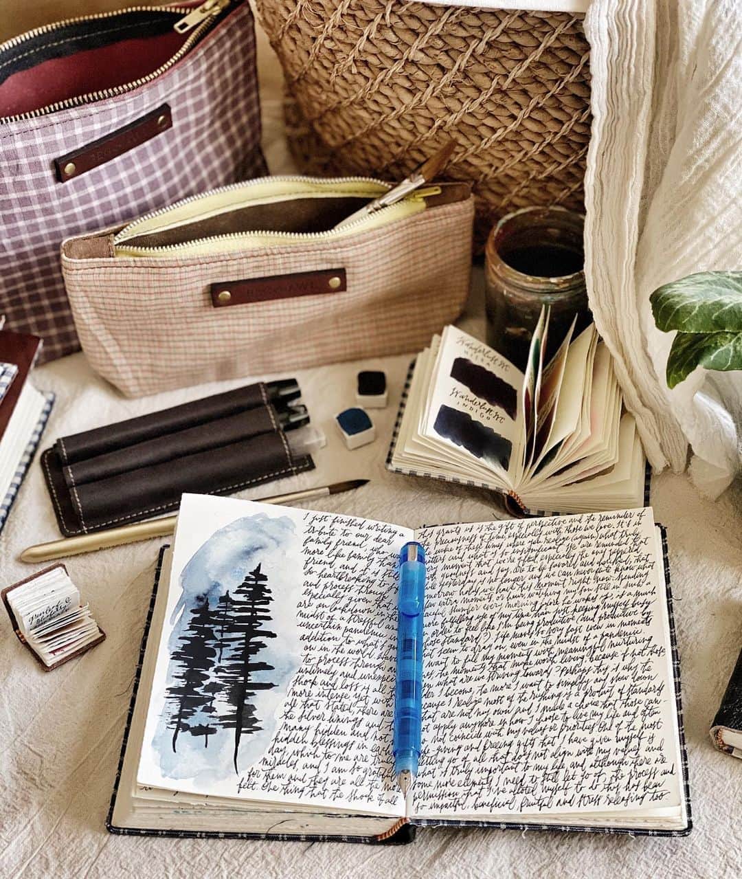 Catharine Mi-Sookさんのインスタグラム写真 - (Catharine Mi-SookInstagram)「“To me, reading through old letters and journals is like treasure hunting. Somewhere in those faded, handwritten lines there is a story that has been packed away in a dusty old box for years.” -Sara Sheridan . . . I have my very first journal and the last several but long gone are the memoirs in between. I went through several years voraciously writing only in composition books, and upon completing one, I’d burn it to commence the start of another. Many are aghast at such a notion but I do not regret those lost remnants for they taught me how to release and let go and start anew. But as I’ve grown and evolved, I’ve started a new ritual of keeping my memoirs safely stowed in the hopes that one day my little one will find connection, laughter, comfort, lore, wonder, possibility, understanding and being understood in a way my role as mother might not be able to reach, but where our humanity may meet in these pages. . . . Do you keep your journals? Or do you let them go? What are your rituals with such? . . . Featuring the Model 25 Mayan Blue Fountain Pen & Three Pen Insert @franklinchristoph. Jackson Journal, Mini Harper Journal (that I use as a watercolor swatch book — flip through coming soon), Antique Textile Pouches (a new release of patchwork ones coming soon!), Tomes & Mini Sendak @pegandawl. Handmade Watercolors @wanderlustwc. . . . #journaling #franklinchristoph #fountainpens #penmenship #pegandawl #leatherjournal #handmadebook #bookbinding #waxedcanvas #pouches #watercolorsketch #wanderlustwc #handmadewatercolors #artjournal #artjournaling #artjournalpages #creativespace #creativejournaling #journalinspiration #watercolordaily #thedailywriting #calligraphylove #theartofslowliving #slowlivingforlife #stationeryaddict #stationerylover #journallove #morningpages」8月13日 3時06分 - catharinemisook