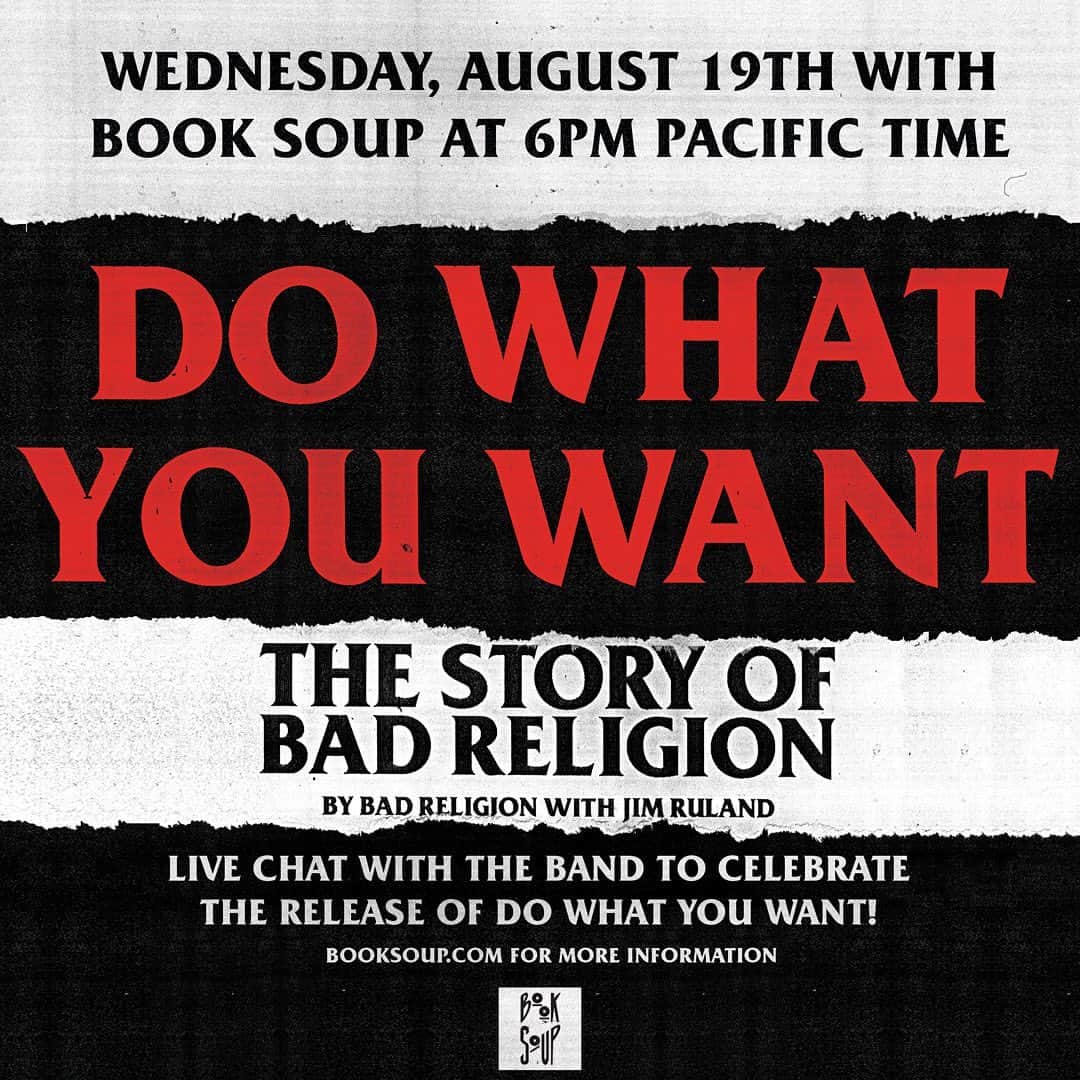 Bad Religionさんのインスタグラム写真 - (Bad ReligionInstagram)「A group chat with Greg, Brett, Jay, Brian, and co-author of Do What You Want Jim on August 19th, hosted by @booksoup Link to register in bio. #dowhatyouwantbook」8月13日 5時05分 - badreligionband