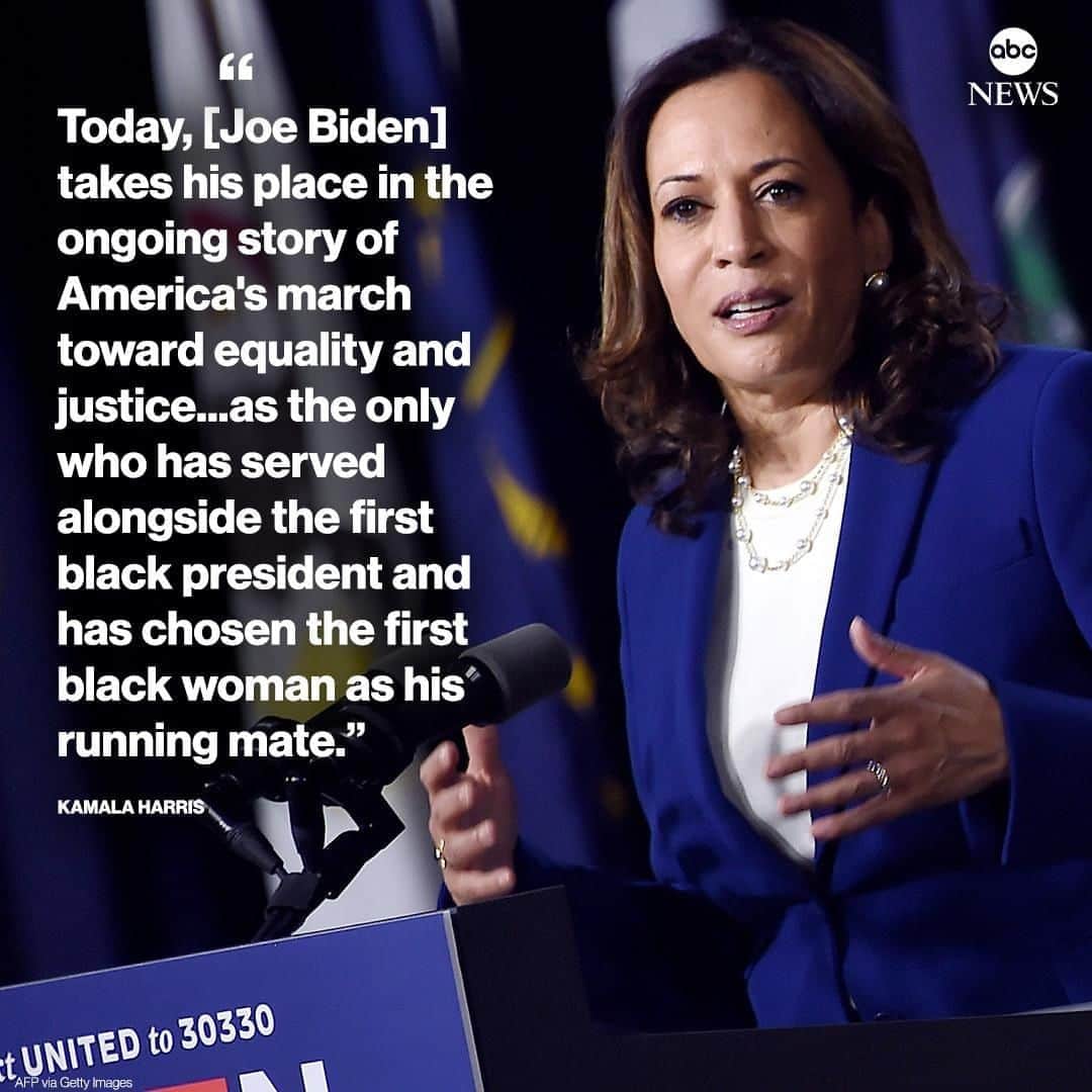 ABC Newsさんのインスタグラム写真 - (ABC NewsInstagram)「Sen. Kamala Harris: "Today, [Joe Biden] takes his place in the ongoing story of America's march toward equality and justice...as the only who has served alongside the first black president and has chosen the first black woman as his running mate." #joebiden #kamalaharris #politics #election」8月13日 6時42分 - abcnews