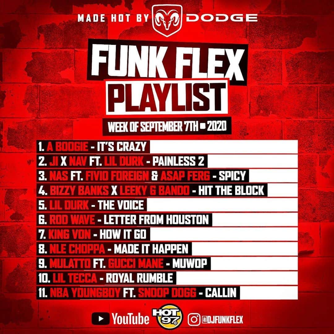 ファンクマスター・フレックスのインスタグラム：「@youtube / FunkFlex: Hit Link In Bio!  @hot97 Every Day Of The Week 7pm!  Starting Halloween Weekend FunkFlex Live On Instagram Once A Week!  Playlist Manager: @wilmajor   1 @artisthbtl - it’s Crazy (Prod.by @mosaicmusic.log @santinomusik ) [ @qp_hbtl + @babydubai_hbtl + @emm.six ] @highbridgethelabel @atlanticrecords 2 iamj.i x @Nav ft. @lilDurk - Painless 2 (Prod. by @boumidjal_x @Docondabeat ) @gstarr_mgmt @interscope 3 @Nas ft. @fivioforeign_8fs & @ASAPFerg - Spicy (prod. by @Hitboy ) @dudebro @massappeal 4 @gmtobizzy x @big_structure - Hit The Block @vokarondon @whartonberg @theculturvatedagency @atlanticrecords 5 @LilDurk - The Voice (Prod. by @trilldynastybeatz.jp @turnmeupjosh @lowlowturnthatup @ayobleu_ ) @alamorecords Dthang2x @interscope 6 @rodwave - Letter To Houston (Prod. by @londnblue @tntxd_ @tahjmoneyy @karltinbankz ) @alamorecords @interscope  7 @kingvonfrmdao - How It Go (Prod. by @chopsquaddj ) @markbuol @Empire 8 @nlechoppamusic - Made It Happen (Prod. by @londnblue @prodbydmac @tntxd_ @karltinbankz ) @angeletapotts @warnerrecords 9 @mulatto ft. @laflare1017 - Muwop (Prod. by @jwhitedidit ) @pittstopent @J_grand @RCArecords 10 @liltecca - Royal Rumble (Prod. by @seanturkmusic @keepitz3n ) @geezyayy @republicrecords 11 @nba_youngboy ft. @snoopdogg - Callin (Prod by @vinnyforgood @cassiosound @wallislane ) @feebanks_ @atlanticrecords」