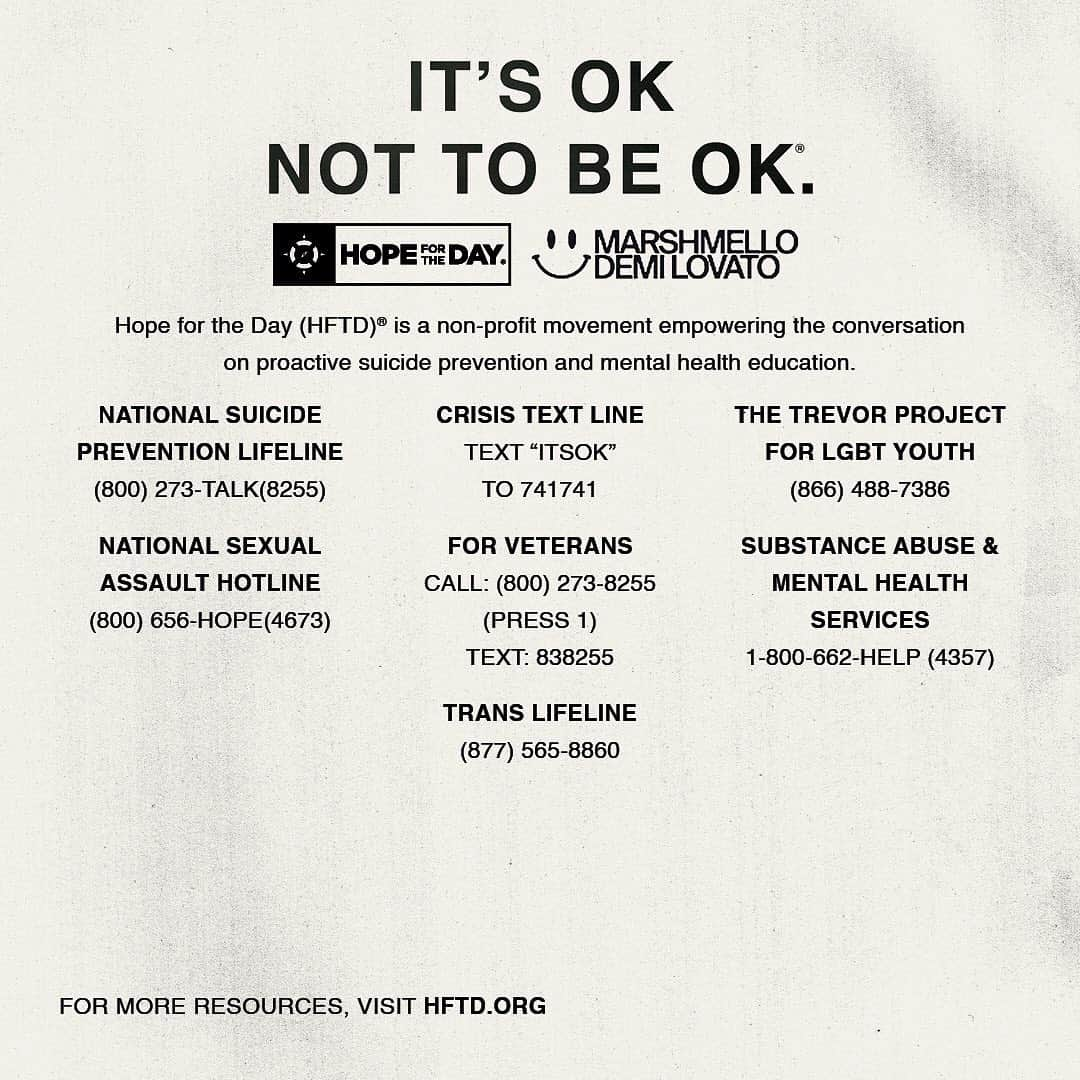 デミ・ロヴァートさんのインスタグラム写真 - (デミ・ロヴァートInstagram)「Today is World Suicide Prevention Day. Since a young age I’ve dealt with suicidal thoughts and depression. I’ve been very vocal in raising the awareness of mental health because it is possible to see the light when you start the work on yourself. I’m living proof that you never have to give into those thoughts. I’ve had many days where I’ve struggled but please let this song be an anthem to anyone who needs it right now. You can get through whatever it is you’re going through.. I’m here for you always, you are not alone and I love you 💞 @hopefortheday is an incredible non profit that provides education and resources to better our mental health. @marshmellomusic and I are SO thankful to have their support and resources. My hope is that you’ll read these slides and share them with your friends and family. Take care of yourself, and listen to your loved ones. Remember, It’s Ok Not To Be Ok 🖤🦋 Visit oknottobeok.com to download and share these slides」9月11日 7時03分 - ddlovato